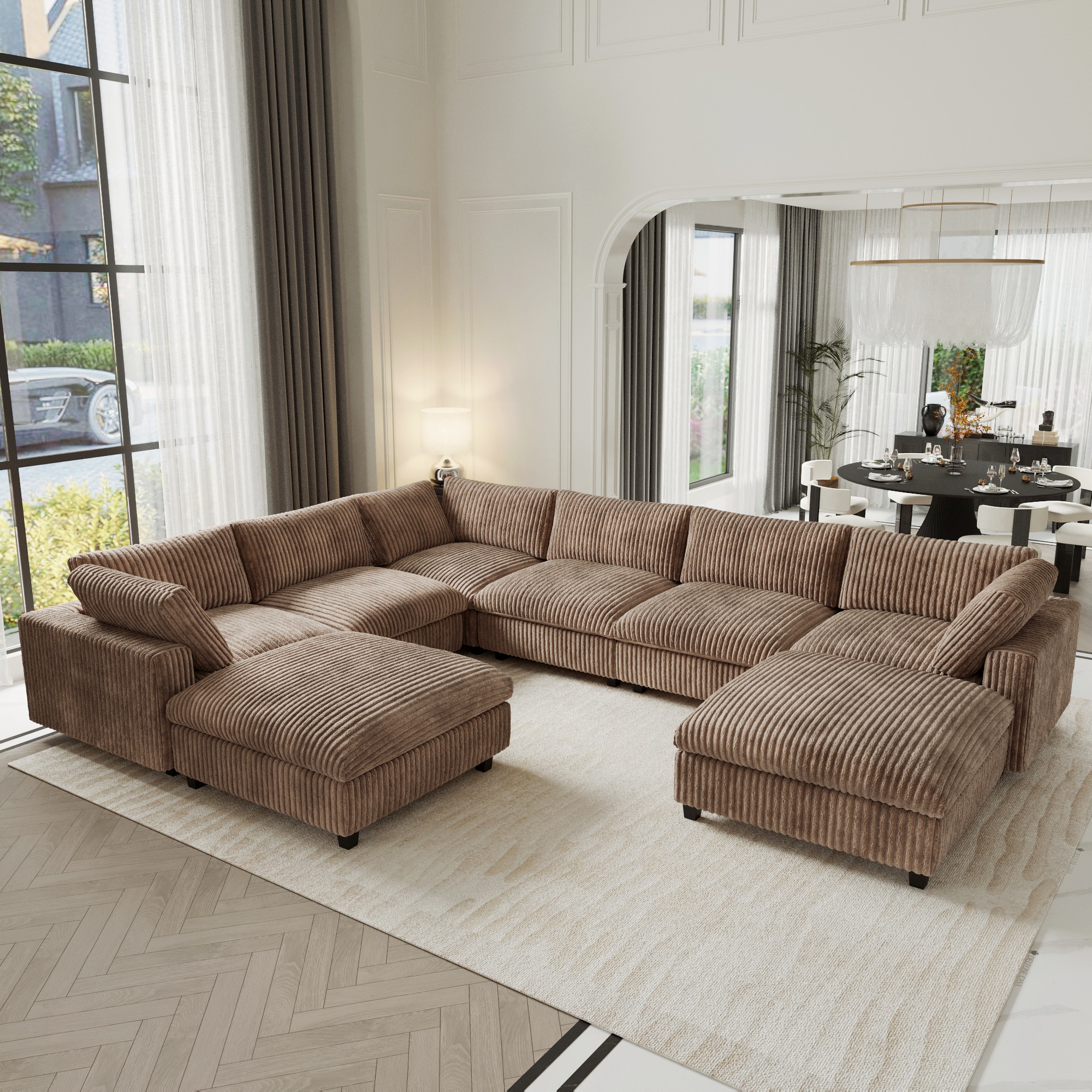 BuotiqHom DH-SF6+2-141TA 157-in Modern Brown (6 Seats+2 Ottomans) Velvet 6+ -seater Sectional