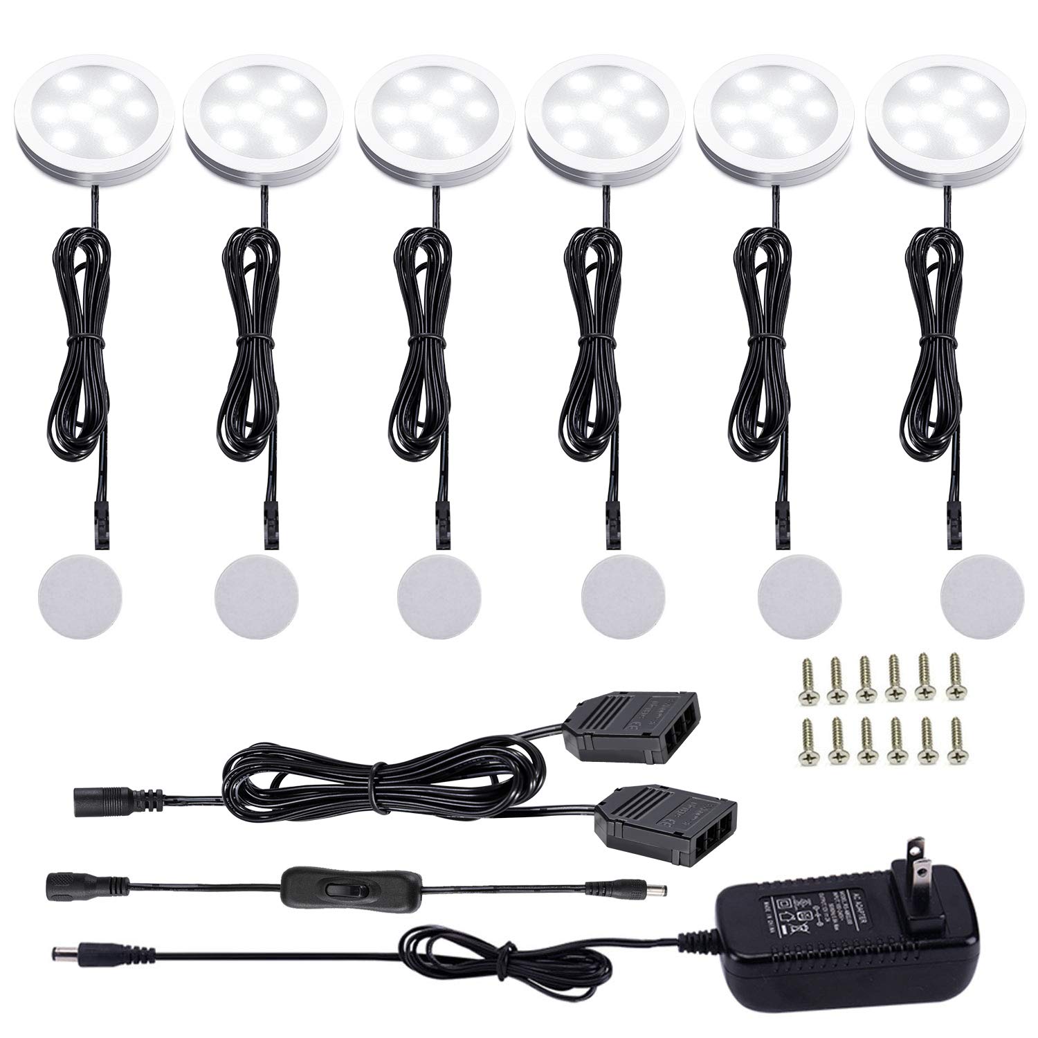 Lukvuzo  12V LED Under Cabinet Lights Kit 6 Pack Black Cord Aluminum Puck Lamps for Kitchen Counter Closet Lighting with Manual On Off Switch 12W