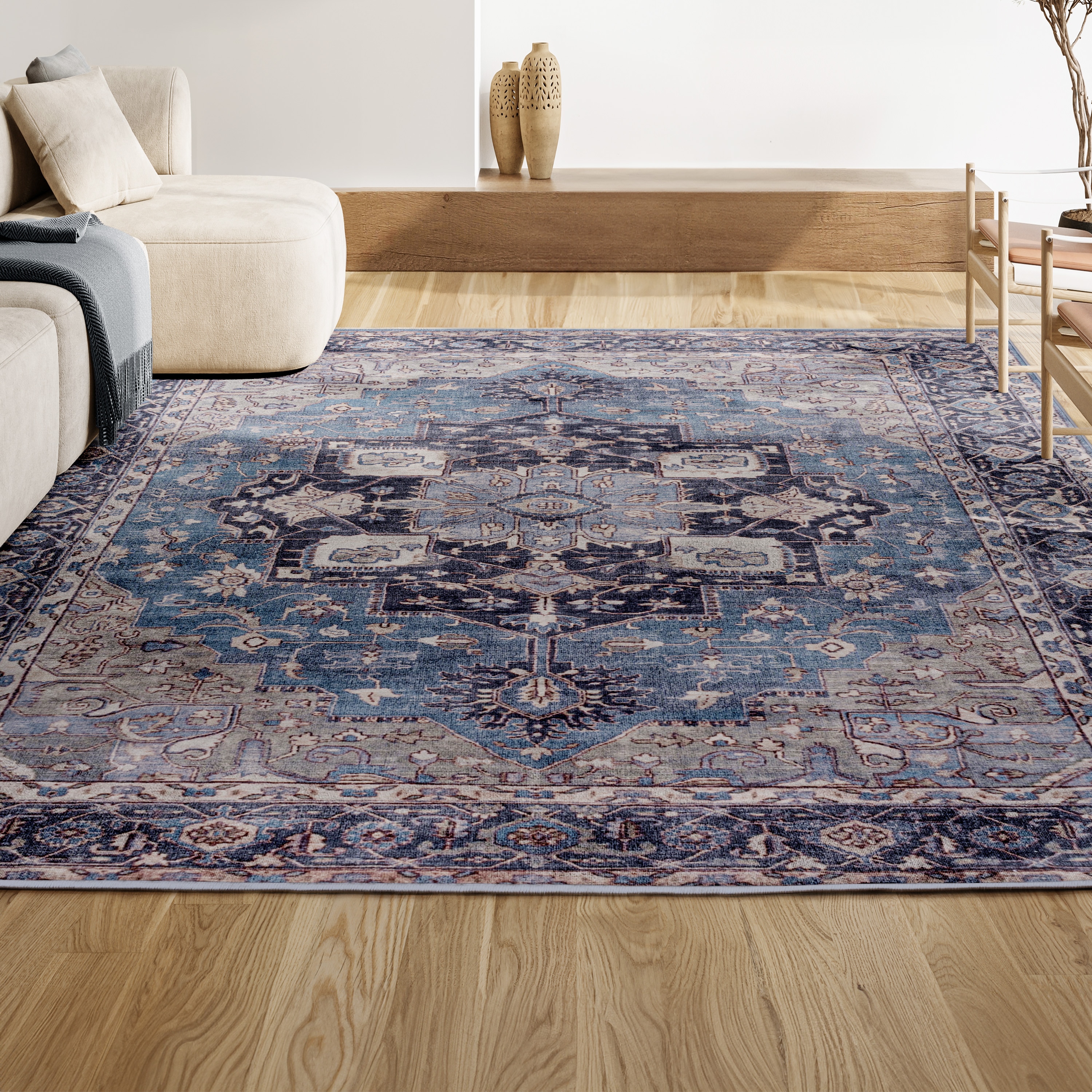 Maris Ornate Medallion Blue/Cream Chenille 4' x 6' Washable Area Rug