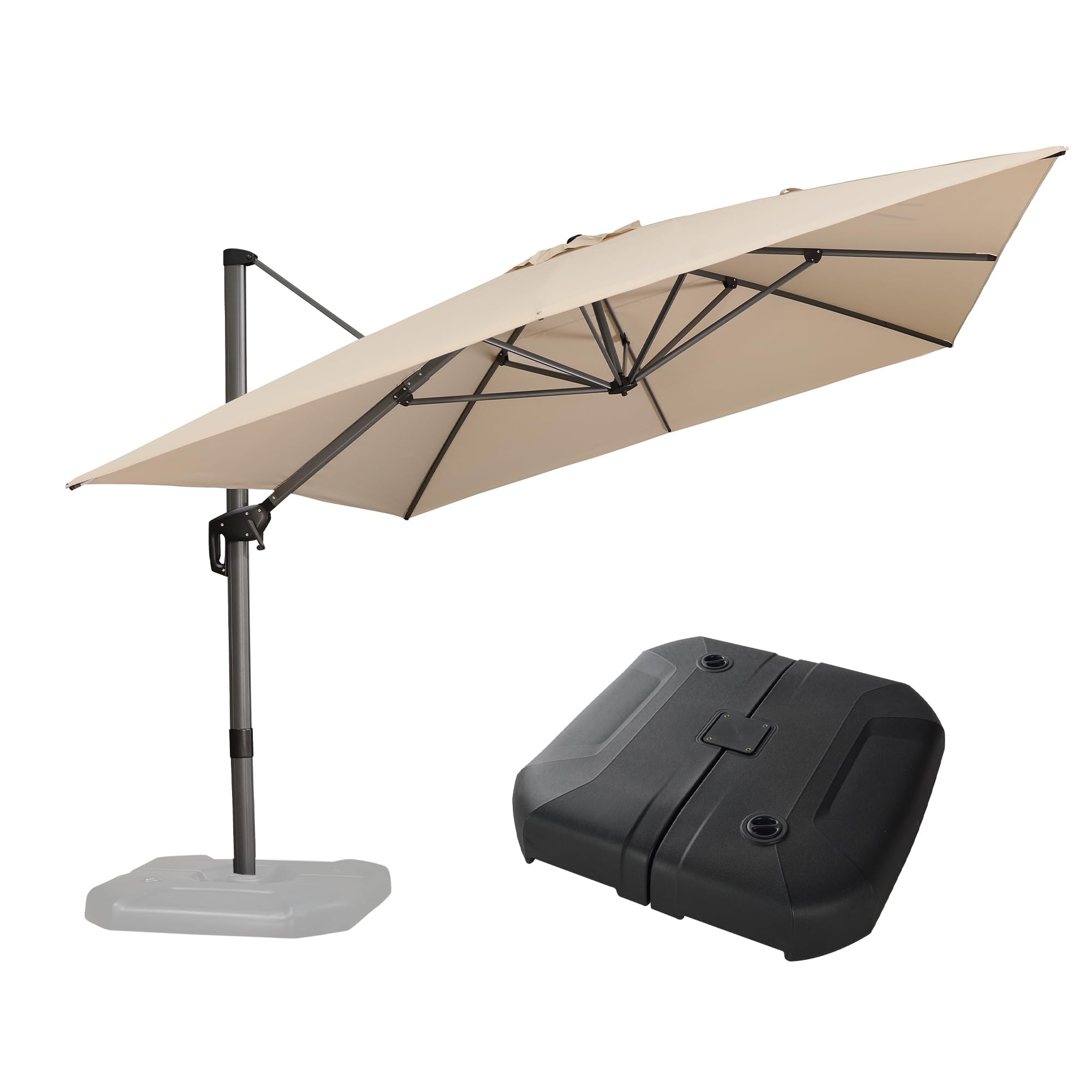 PURPLE LEAF LSGLRR11-SB 13-ft Aluminum Beige Crank Cantilever Patio Umbrella with Base
