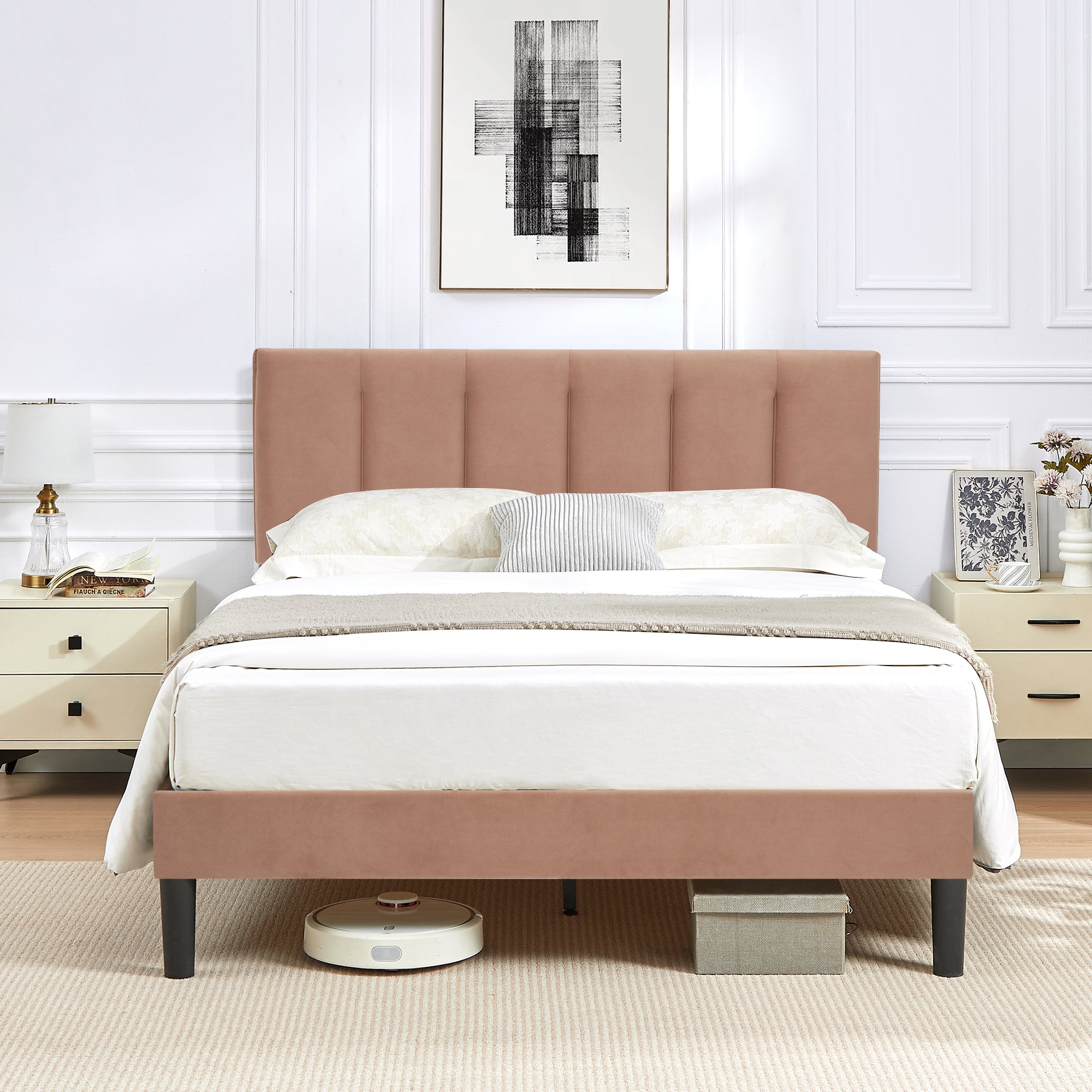 Vecelo LOE-CY-FB04-CFE Full Bed Frame with Upholstered Adjustable Headboard Heavy Duty Platform Bed Frame with Strong Wooden Slats Support Coffee
