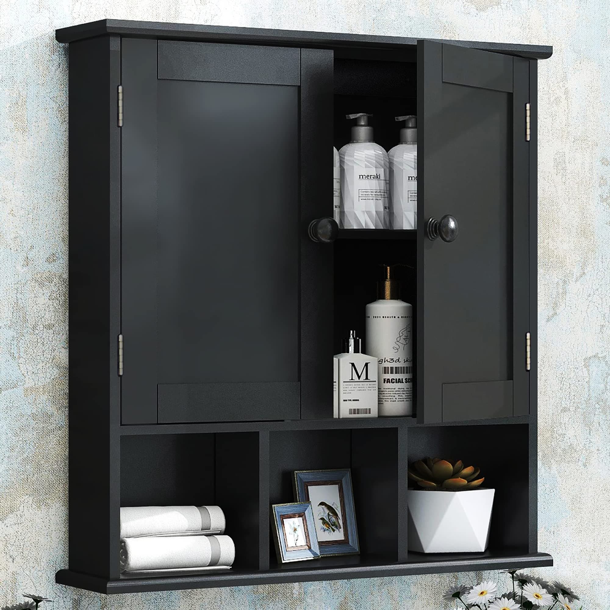 Lovav Black Bathroom Wall Cabinet Over Toilet Storage Adjustable Shelves Wooden 21Lx5.1Wx23H