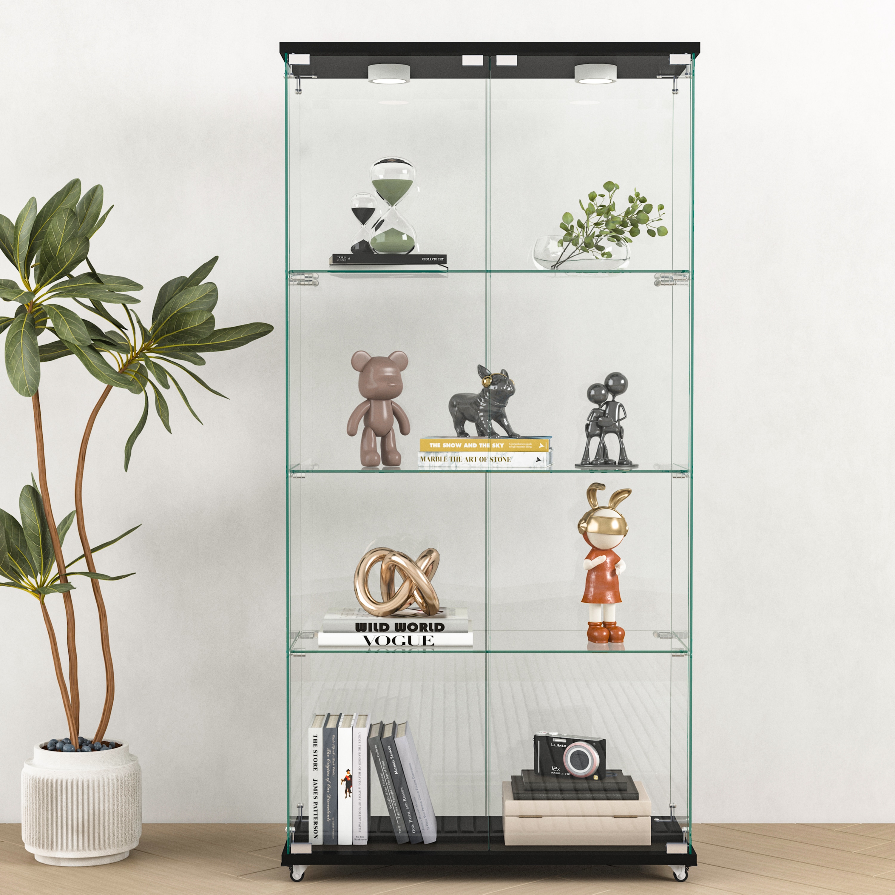 LOVMOR SF-Y-W241S00055 Modern Glass Display Cabinet with LED lights Quick assembly Antique Cabinet Tempered Glass Bookshelf Suitable for Living Room and Bedrooms 2 door 4 shelf Black