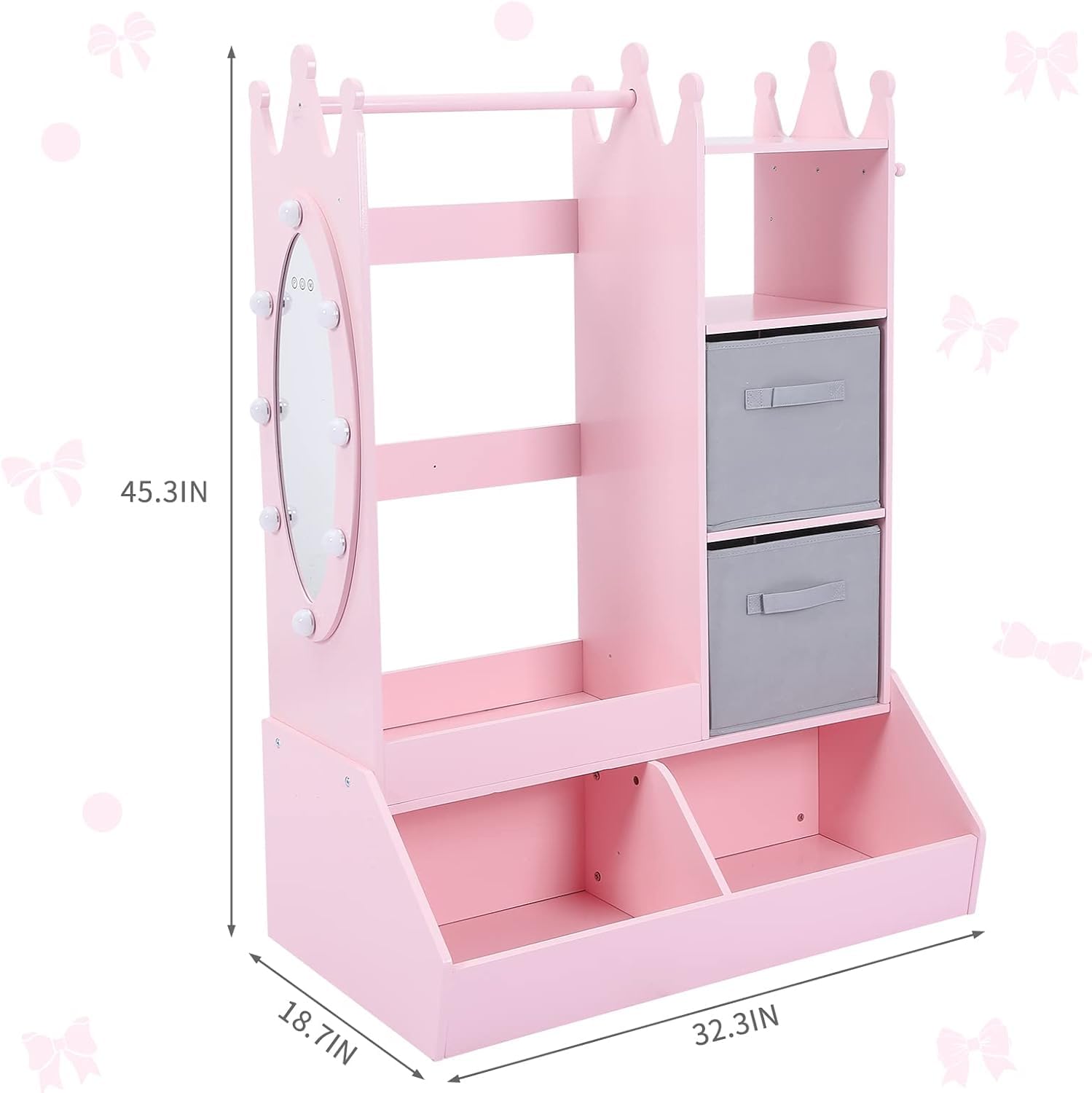 Garvee Dress Up Storage for Girls Kids Play Armoire with Light Mirror Clothing Rack and Storage Bin Pink