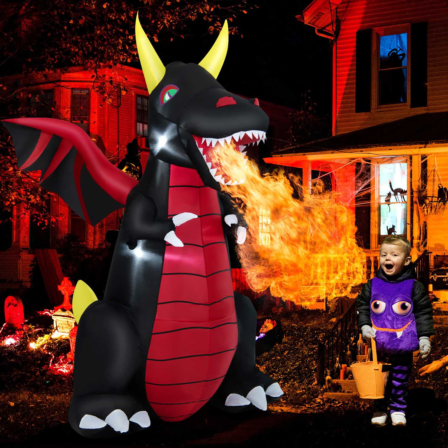 Costway  8 FT Halloween Inflatable Fire Dragon Giant Blow up Decoration with LED Lights
