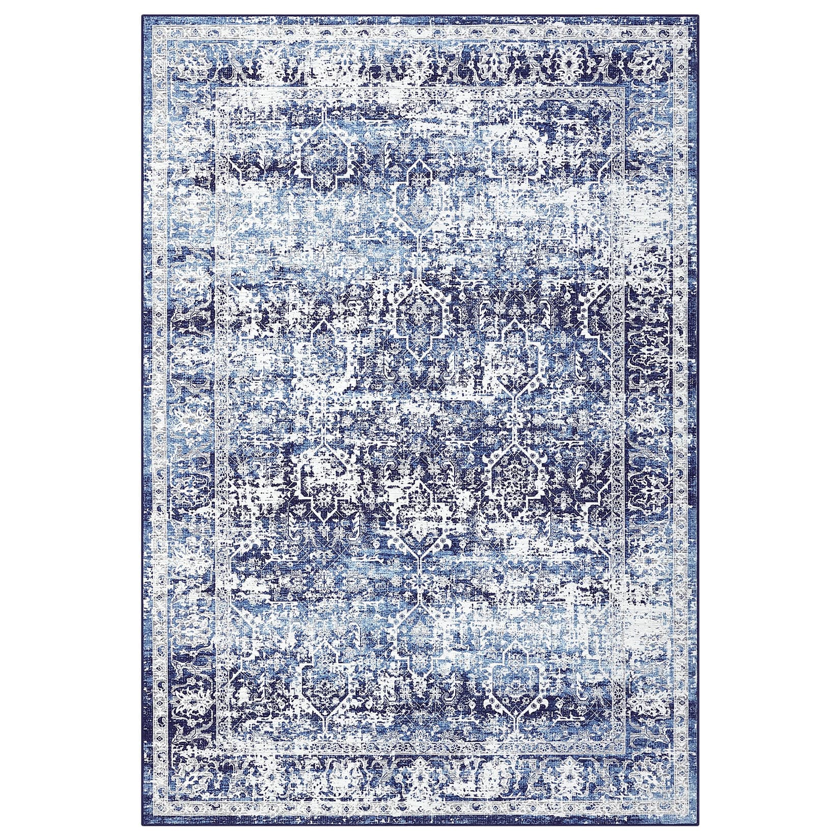Qeetex LSN-PHO-16OSXHU0 9 x 12 ft Polyester Cashmere Imitation Blue Rectangular Hallway Bathroom Entryway Kitchen Office Foldable Flower Printed Persian Washable Area Rug