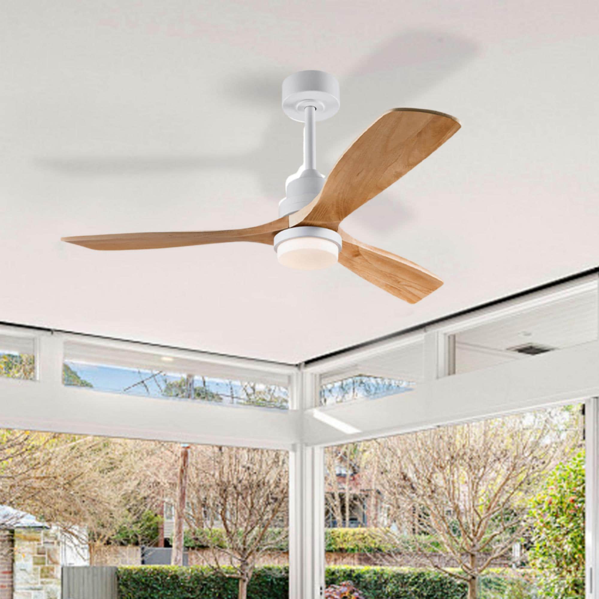 Shinevoy - 52 in. Indoor White Downrod-Mount Ceiling Fan with Light Quiet Reversible Fan with Nat...