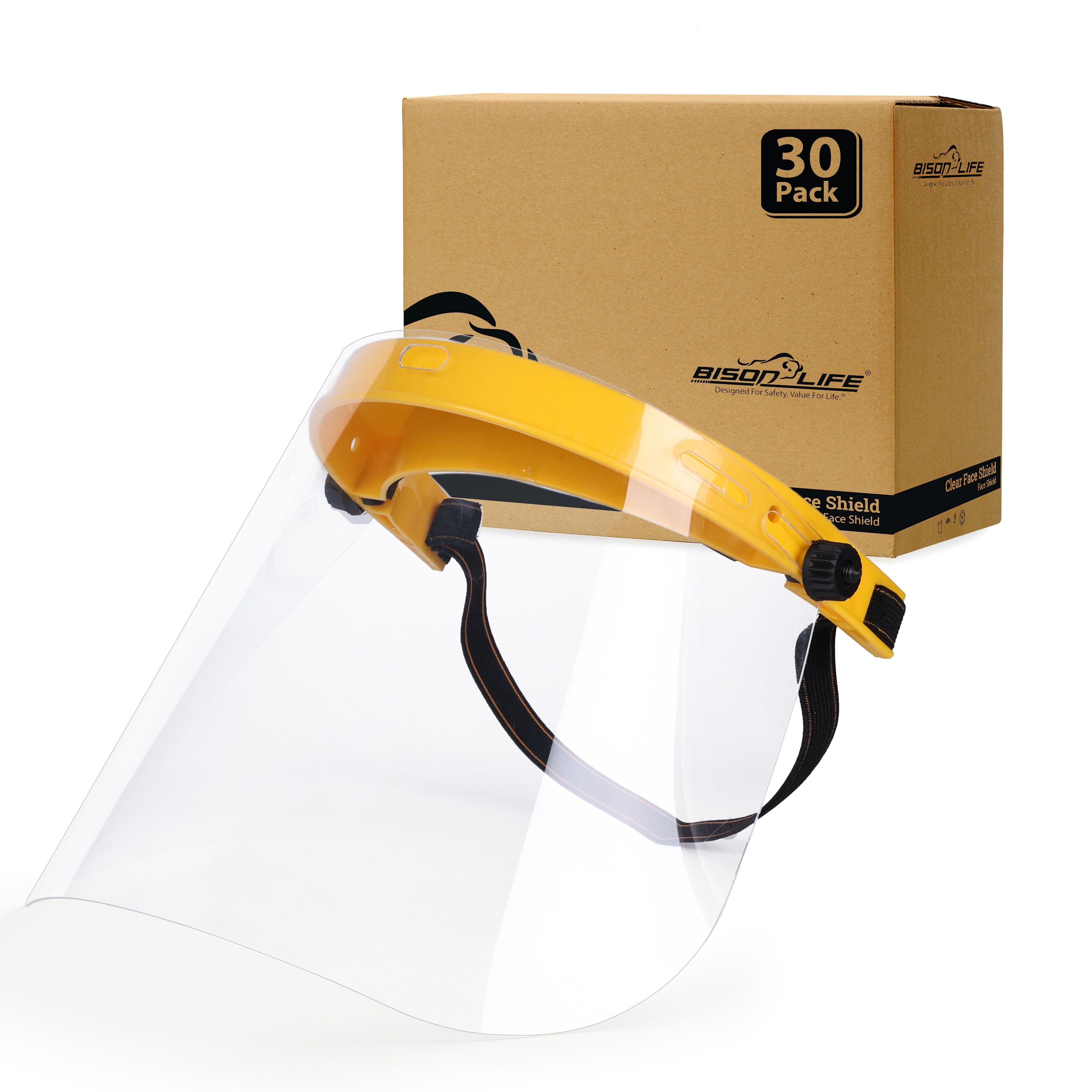 BISON LIFE BLSH-ES-SFS-30 30-Pack, Reusable Facial Protection, Clear Polycarbonate Face Shield