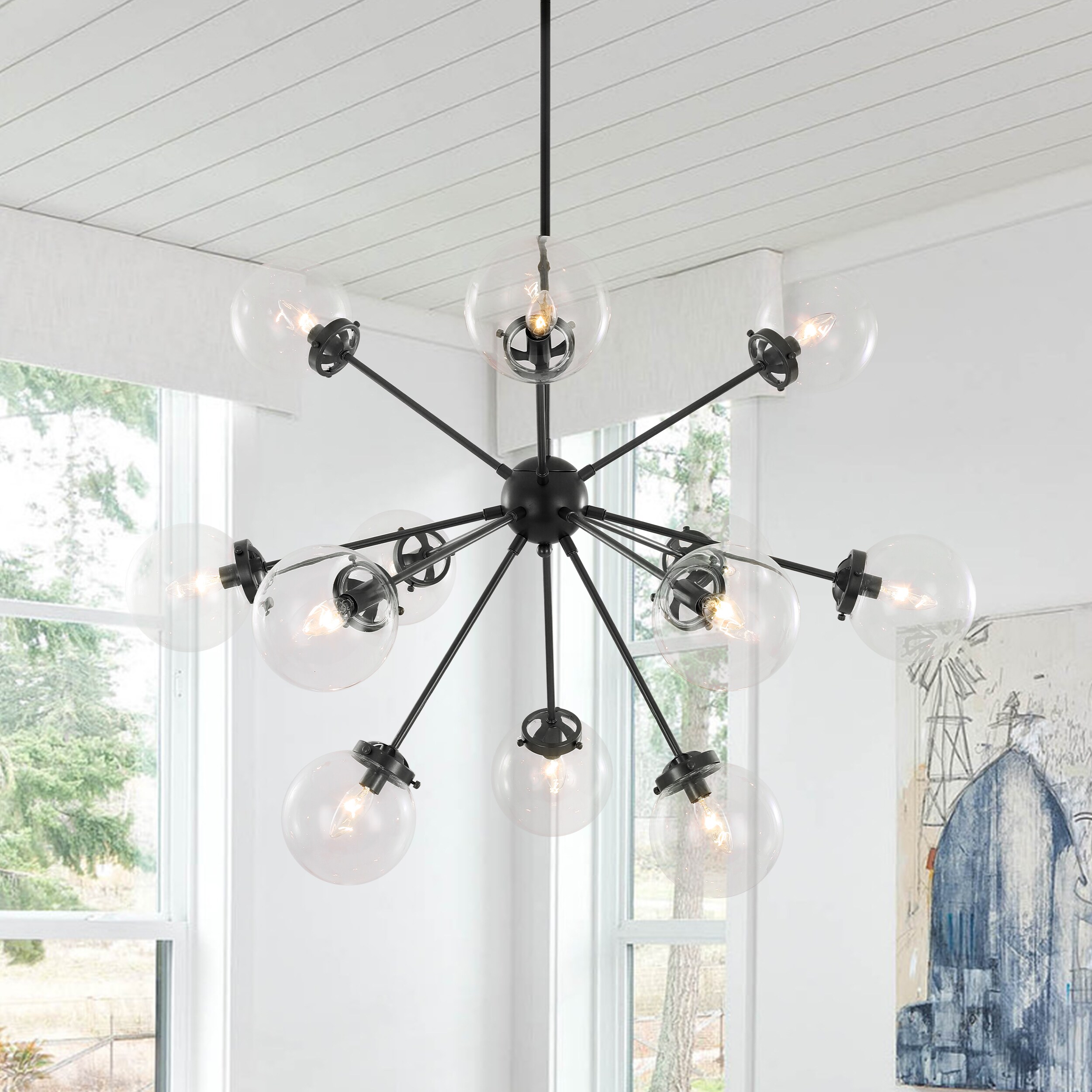 Matte Black 12-Light Sputnik Chandelier with Glass Globes