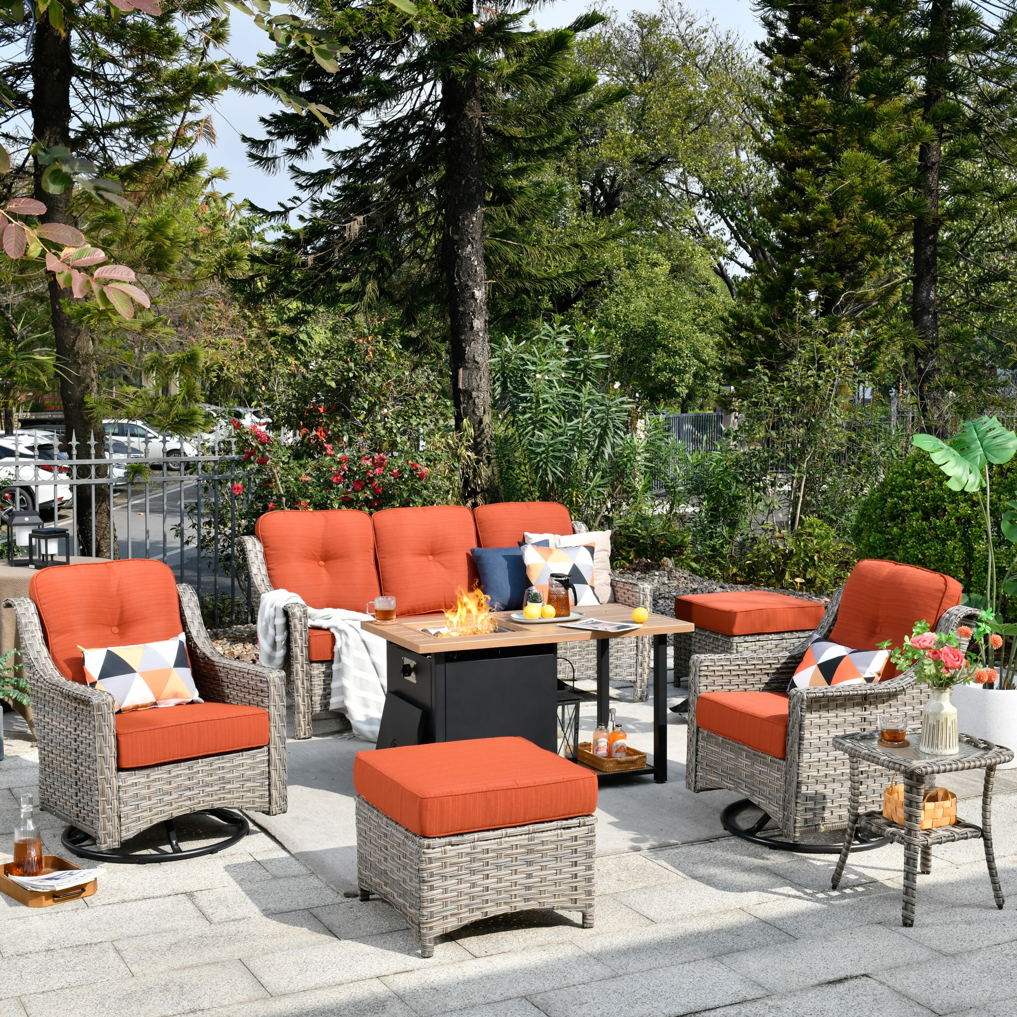 Ovios RFP11PD8C-6Y 7 -Piece Wicker Patio Sofa Conversation Set with Orange Cushions