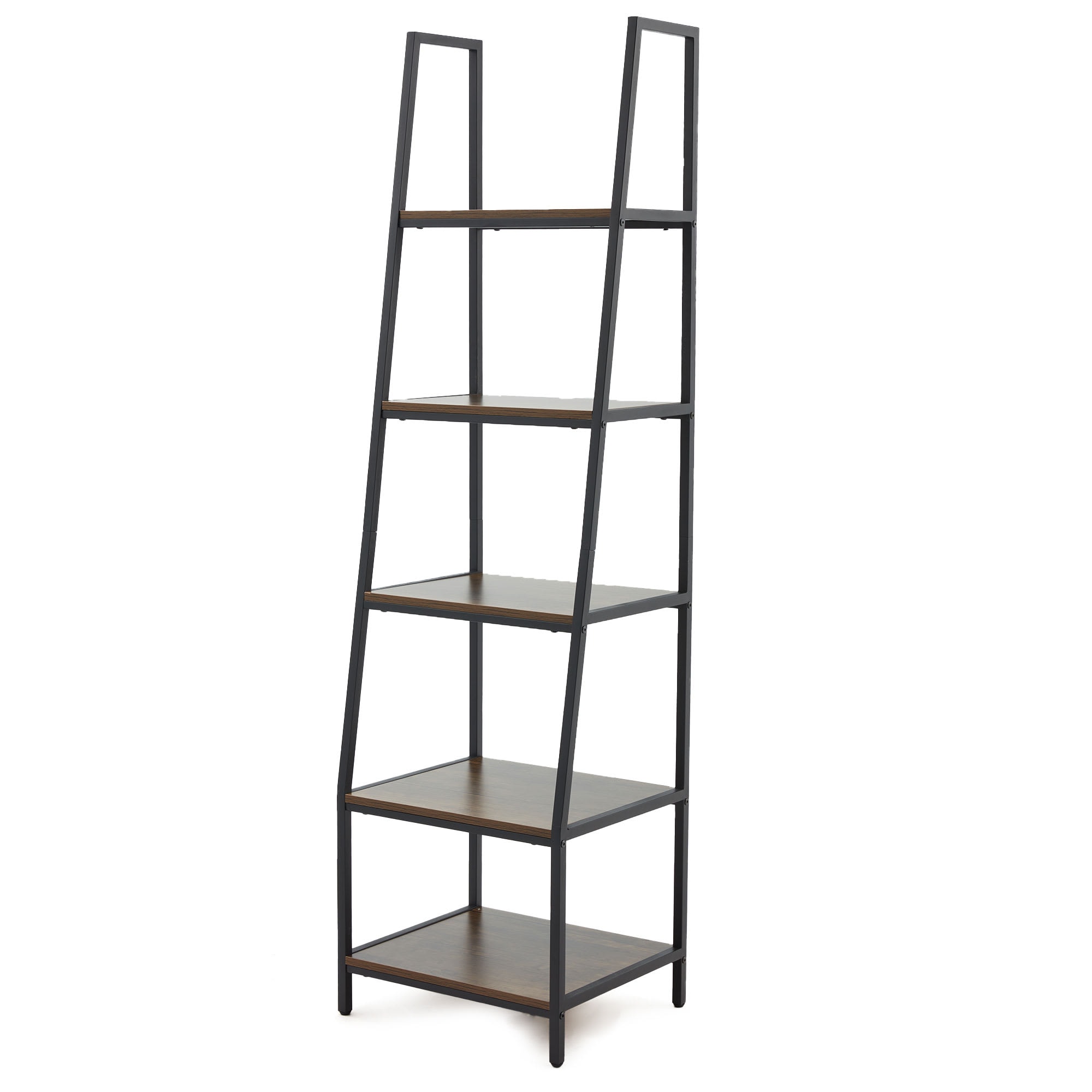JOMEED 307772 CC80 Industrial Freestanding Durable 72 Inch 5 Tier Open Shelf Ladder Bookcase with Rubber Feet and Wall Bracket Gray and Brown