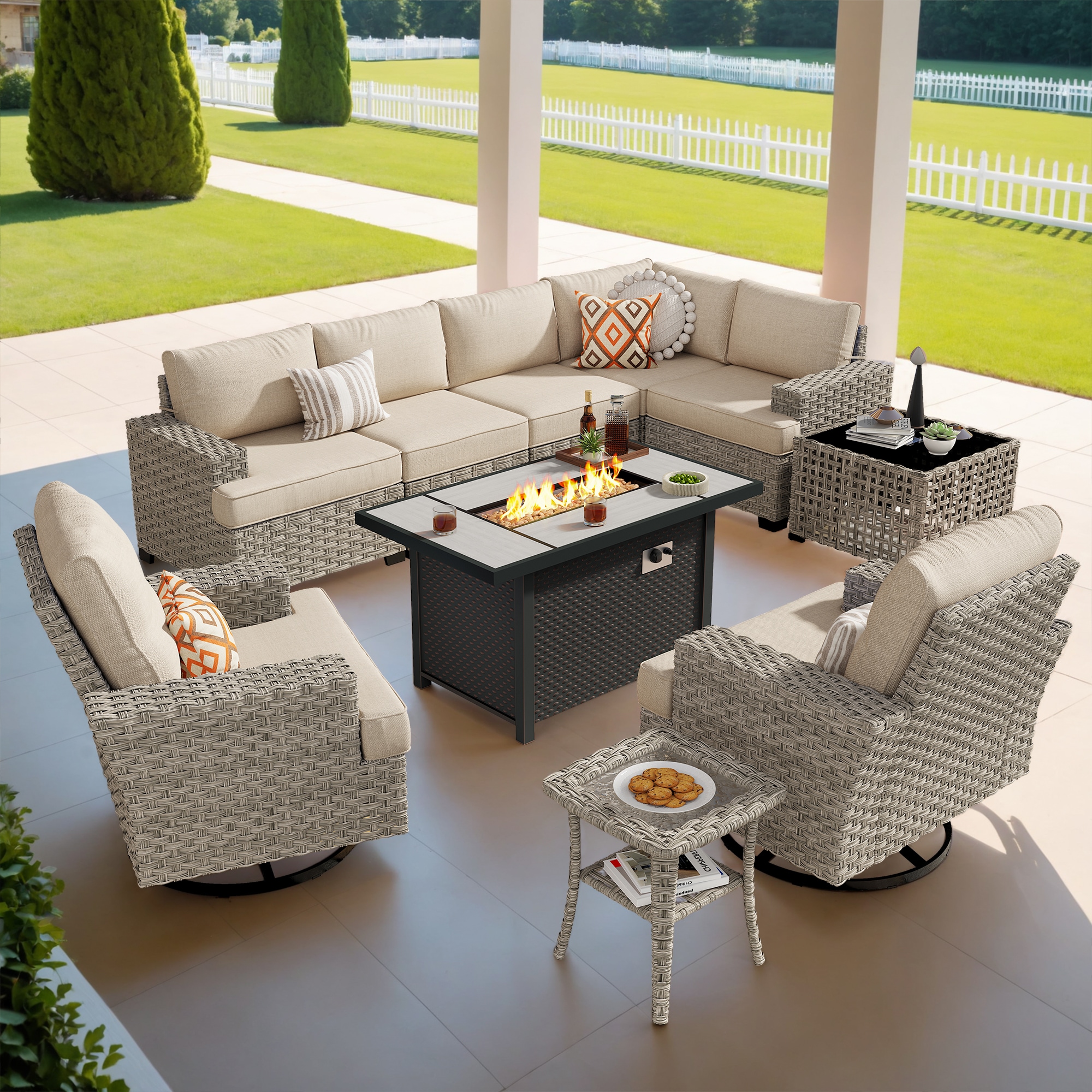 Caodoc L5-CFP03-YZTBS610-1 CFP03-YZTBS Rattan Outdoor Sectional with Beige Cushions and Wicker Frame