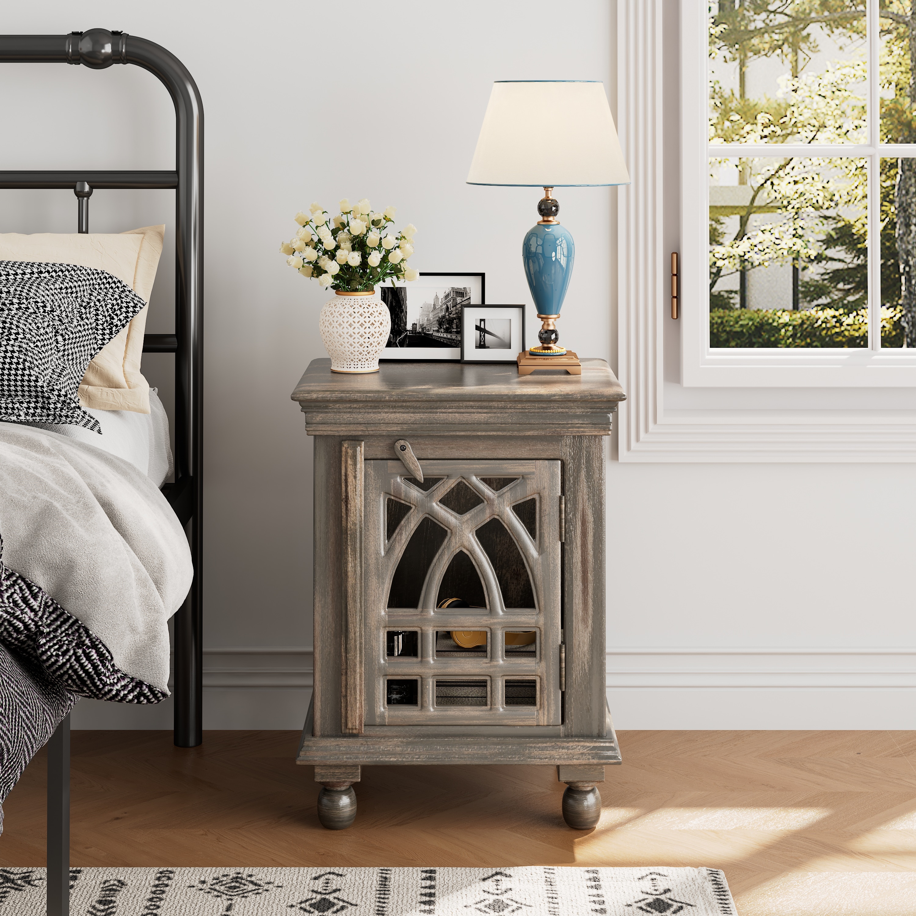 LOVMOR Farmhouse Vintage Antique Grey Wood Nightstand Easy Assembly for Living Room Bedroom