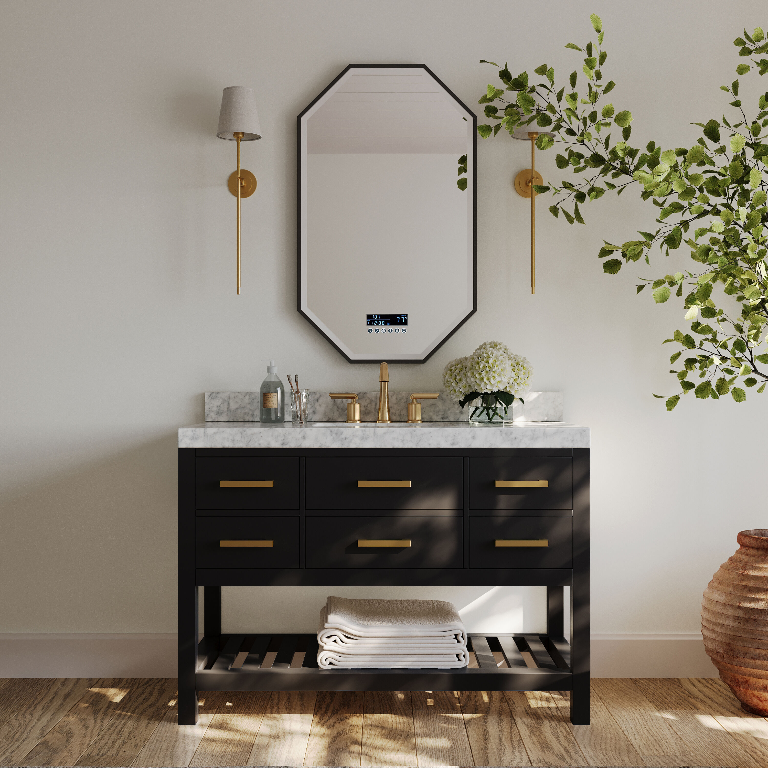 Ancerre Designs VTSELIZABETH48BOCWGD Elizabeth 48-in Black Onyx Undermount Single sink Bathroom Vanity with Carrara White Natural marble Top