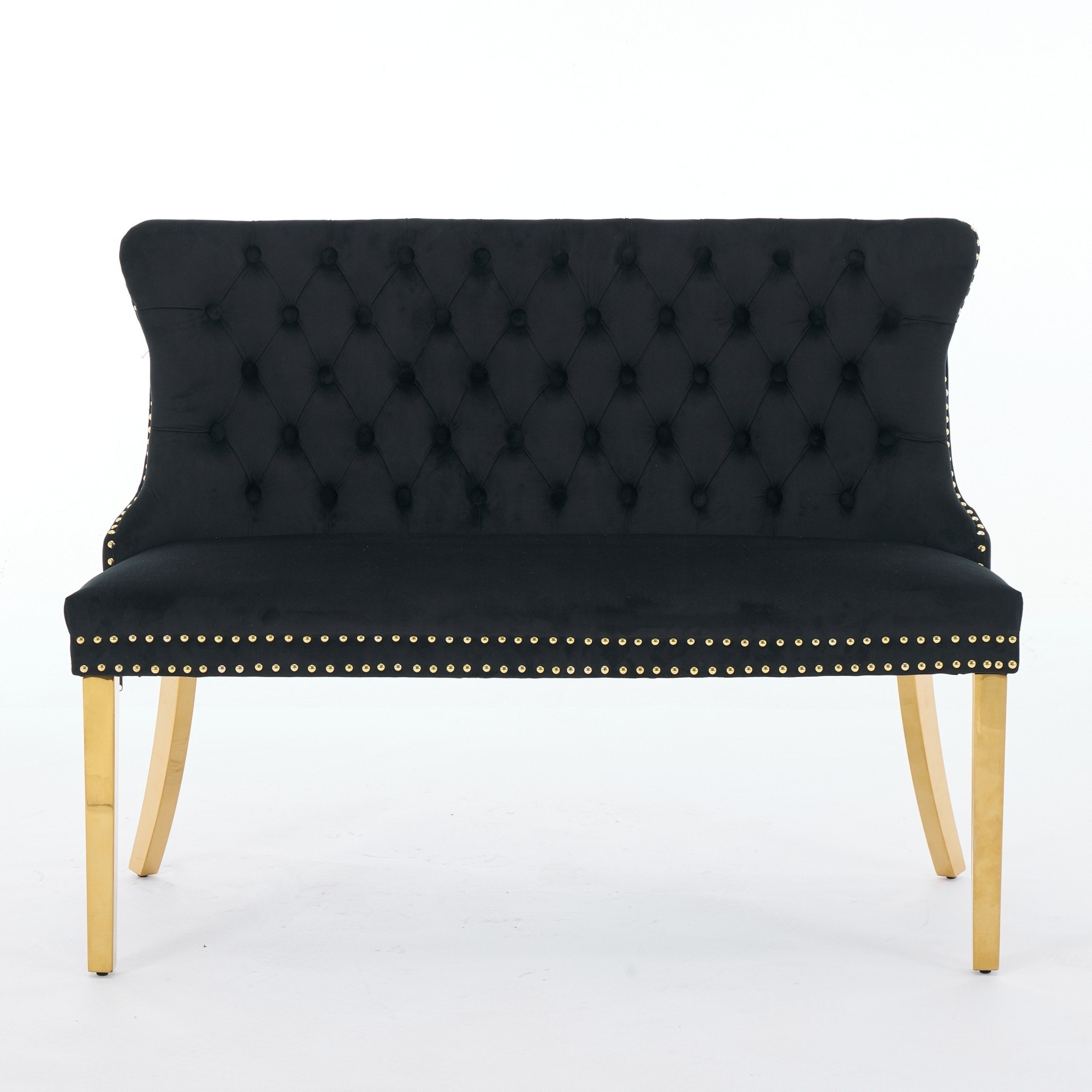 UOI Black Velvet Double Dining Loveseat Bench with Handmade Tufted Buttons and Gold-Plated Steel Legs