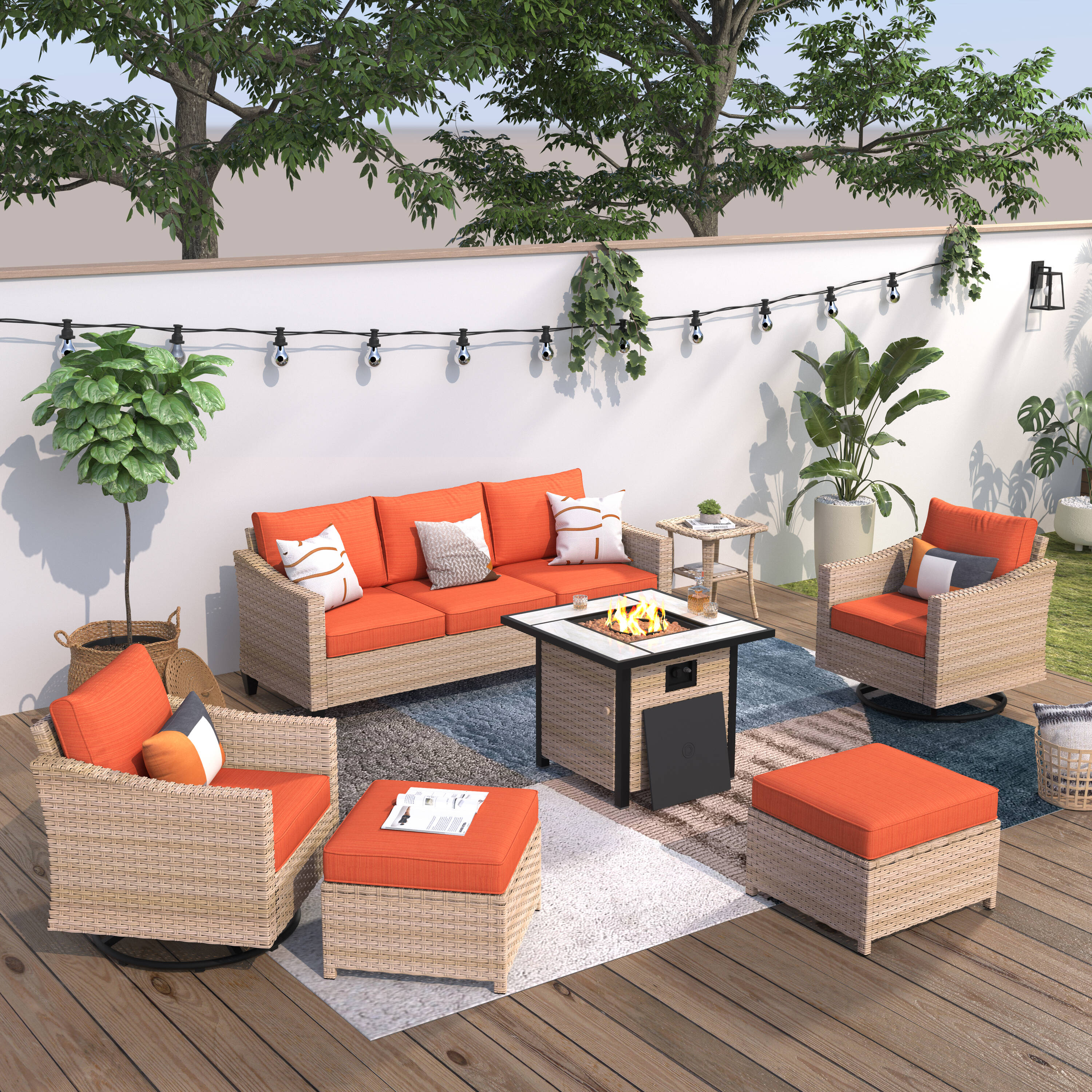 XIZZI XIMW804-8RC Aries 7 -Piece Wicker Patio Sofa Conversation Set with Orange Cushions