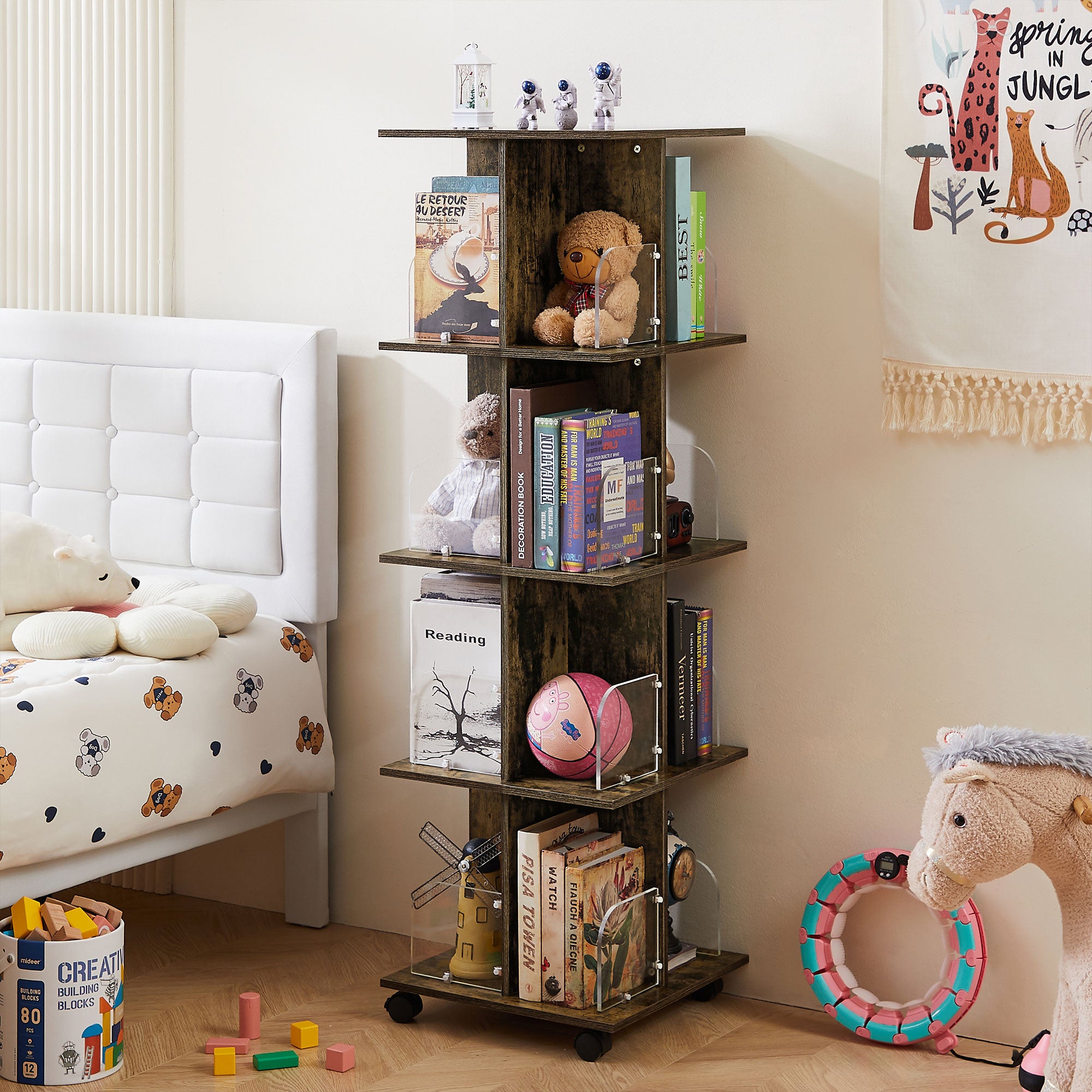 Vecelo LOE-B13-BRN 4 Tier Rotating Bookshelf Modern Swivel Bookcase Stackable Square Book Shelves Floor Standing Storage for Home Office