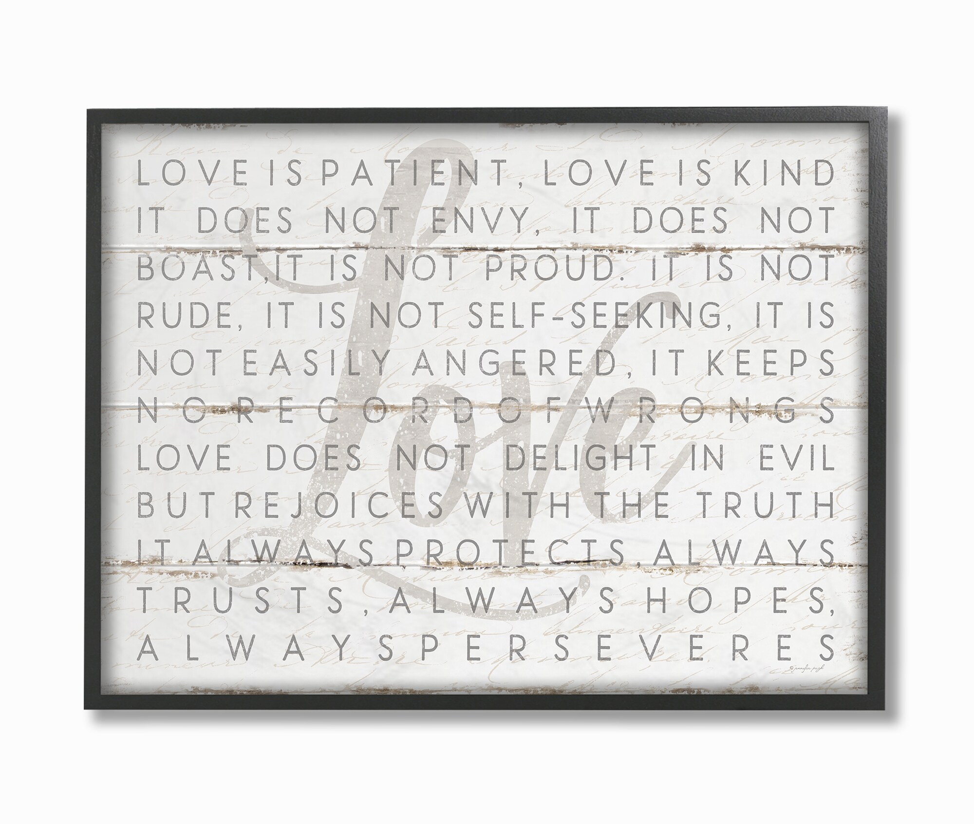 Stupell Industries Love Is Patient Grey on White Planked Look Framed 14-in  H x 11-in W Inspirational Wood Print in the Wall Art department at Lowes.com