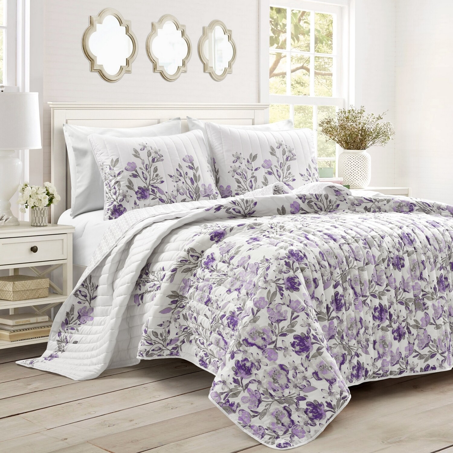 Lush Decor 16T004668 Gray Floral Reversible Full/Queen Quilt