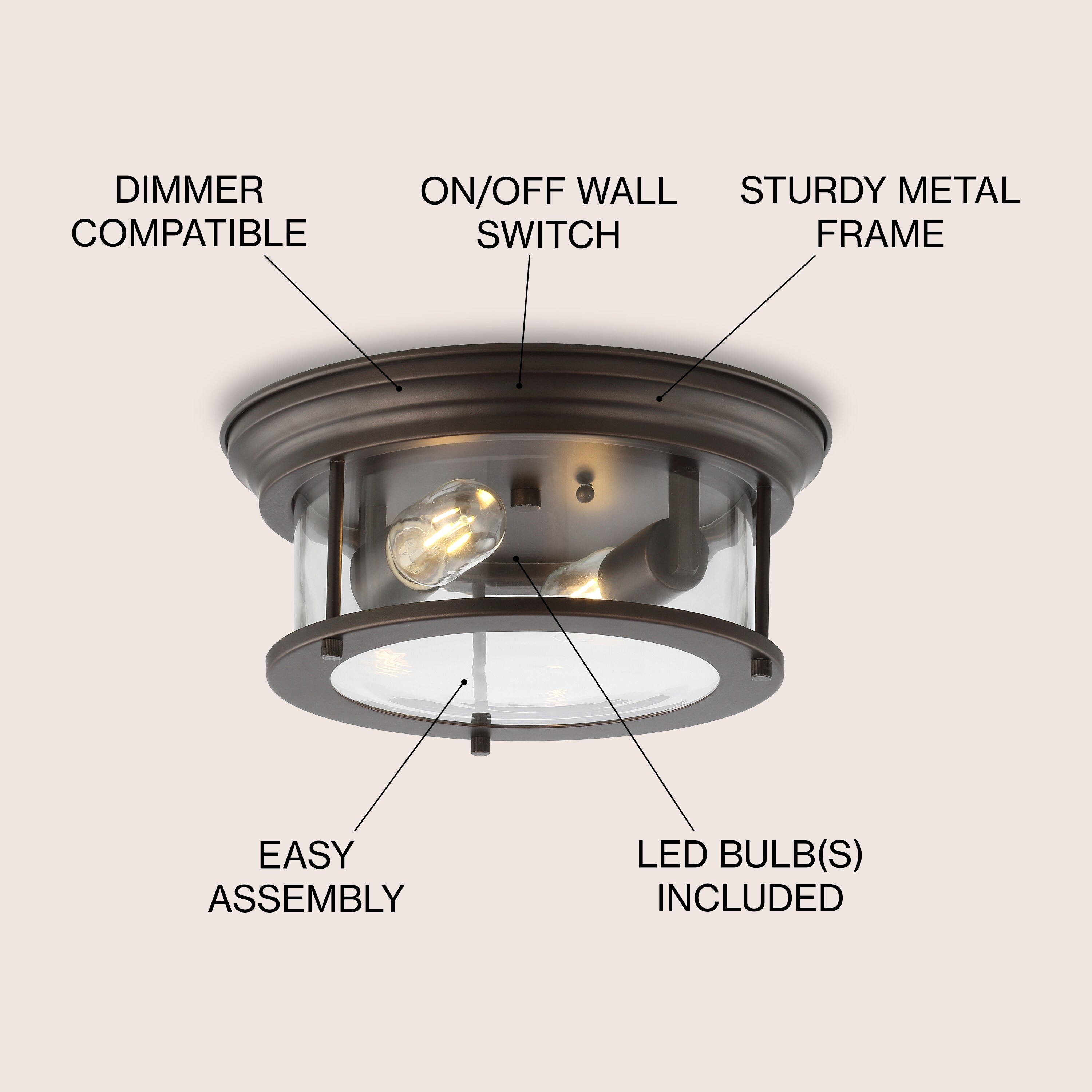 Elegant 13.25" Oil Rubbed Bronze Glass Drum Flush Mount LED Light