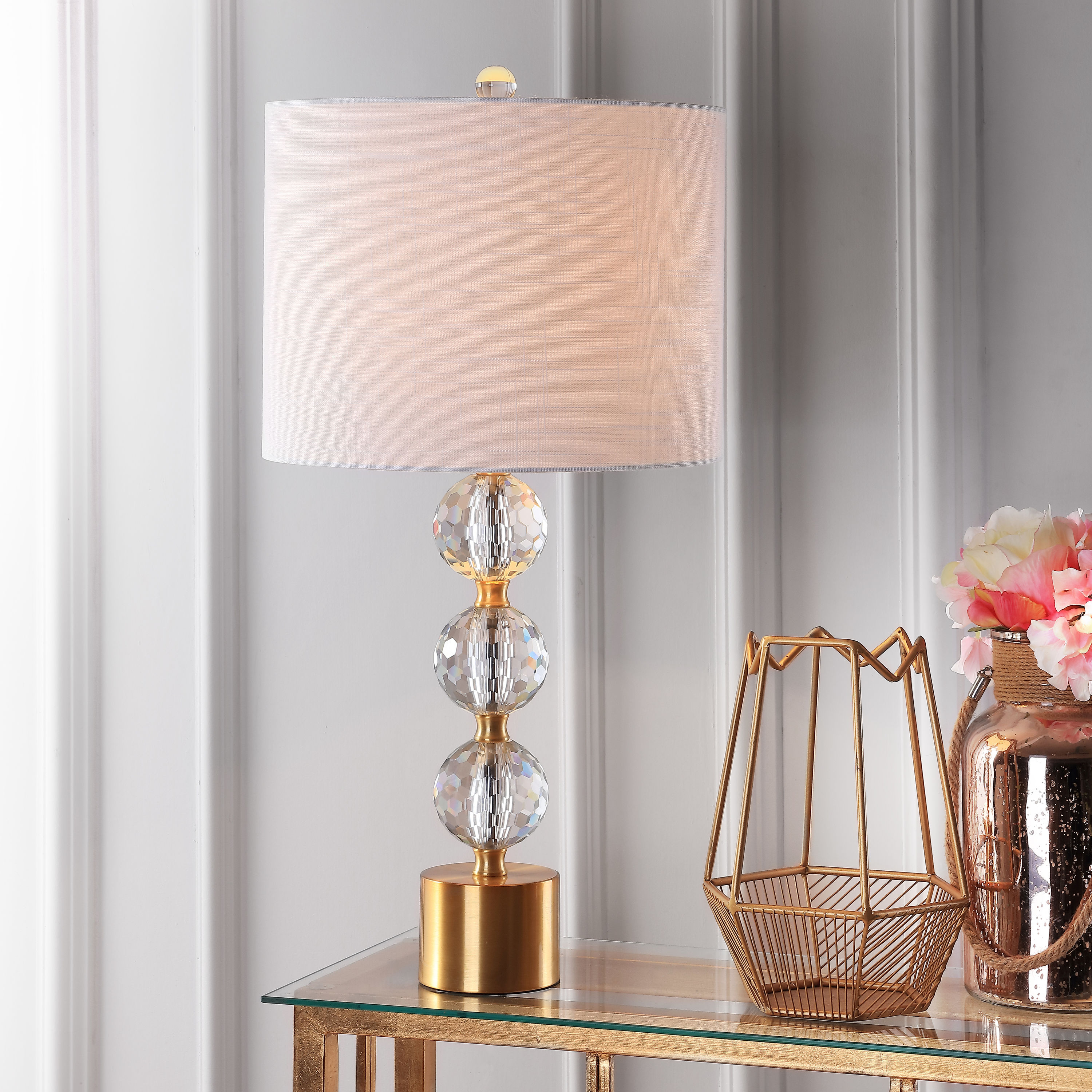 JONATHAN  Y JYL5017A Ashley Crystal Transitional 25.25-in Brass Gold LED Incandescent Rotary socket Table Lamp with Linen Shade