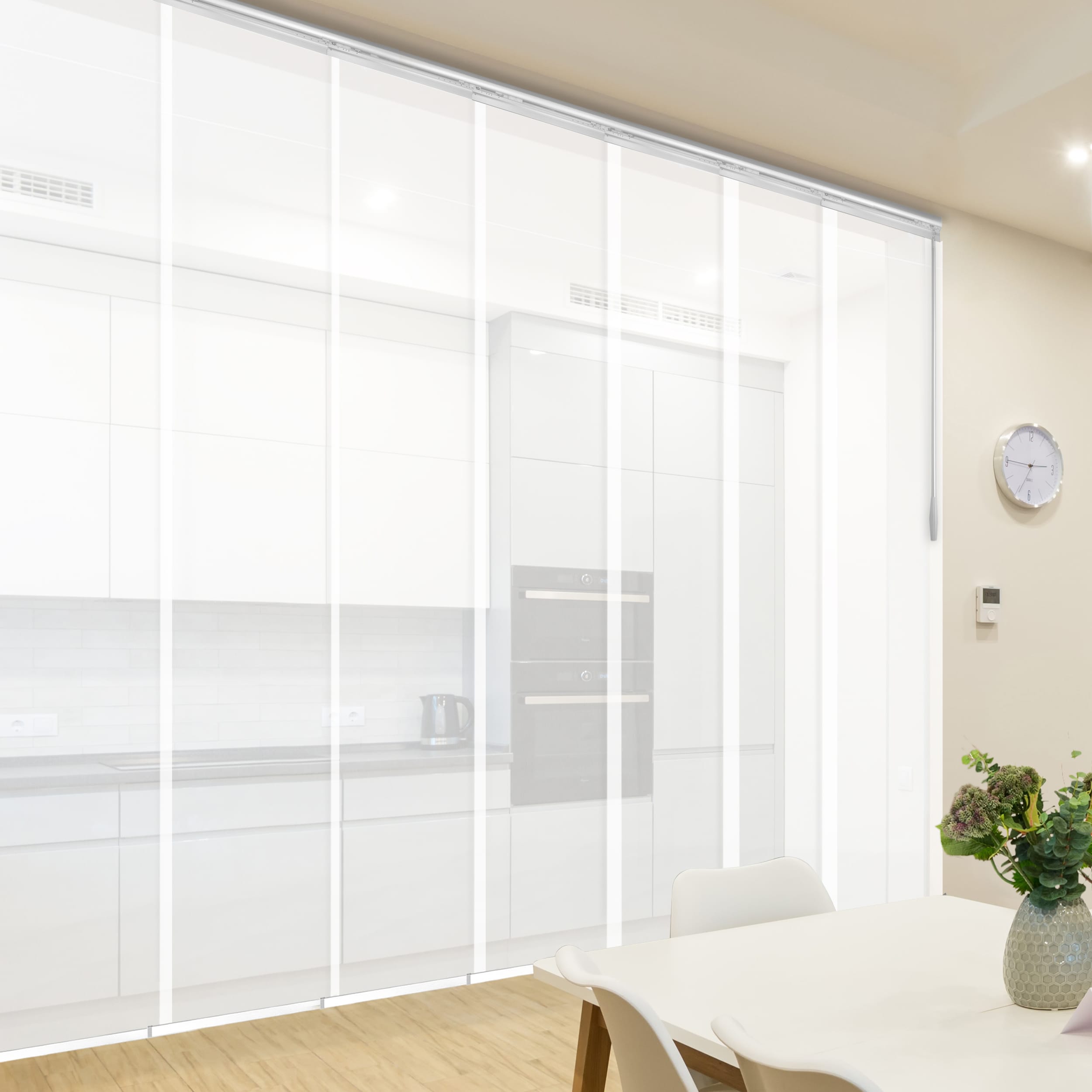 Hart & Harlow L-T24W-7-7P12A Chantilly 7-panel 0.3-in Slat Width 23.5-in x 94-in Cordless White Aluminum Light filtering Vertical blinds