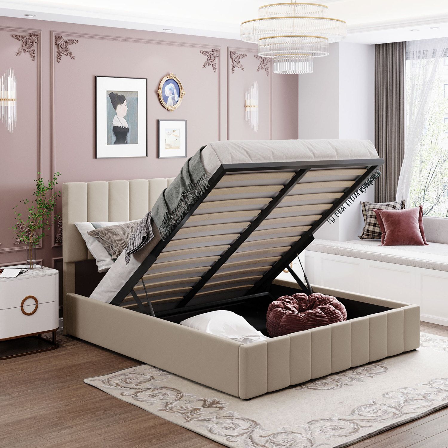 JASMODER LP000211AAA Beige Queen Composite Platform Bed with Storage