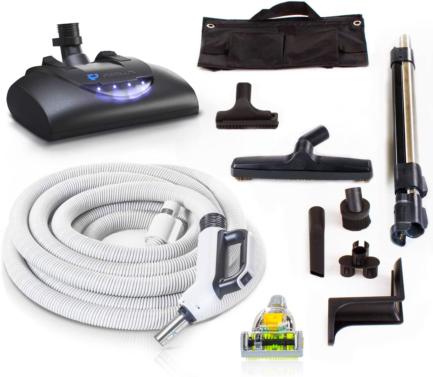 Premium 35 ft Universal Central Vacuum Hose Kit with Vessel Perk Power Nozzle - Includes Upholstery Brush, Pet Brush, and More in Black | - Prolux PL35