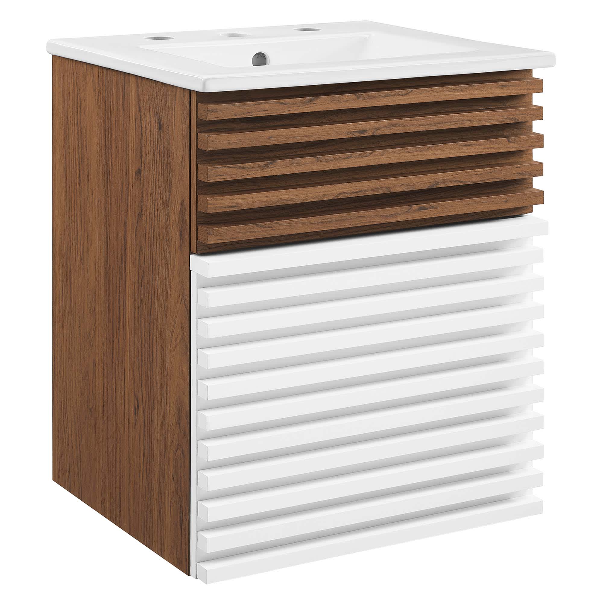 Modway EEI-5419-WHI-WAL-WHI Render 18 Inch Wall-Mount Bathroom Vanity in White Walnut White