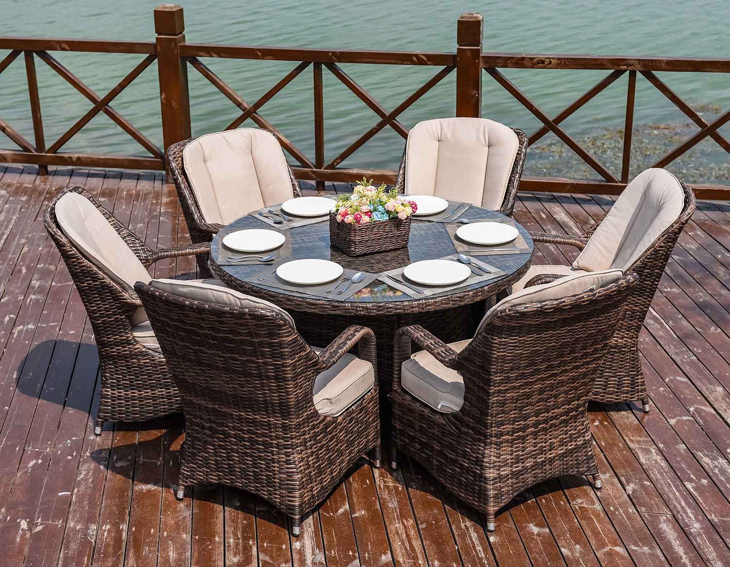 Direct Wicker DWD-1711-BROWN Geo 7 -Piece Brown Wicker Patio Dining Set Wicker Round Table with 6 Off-white Cushions Stationary Chairs