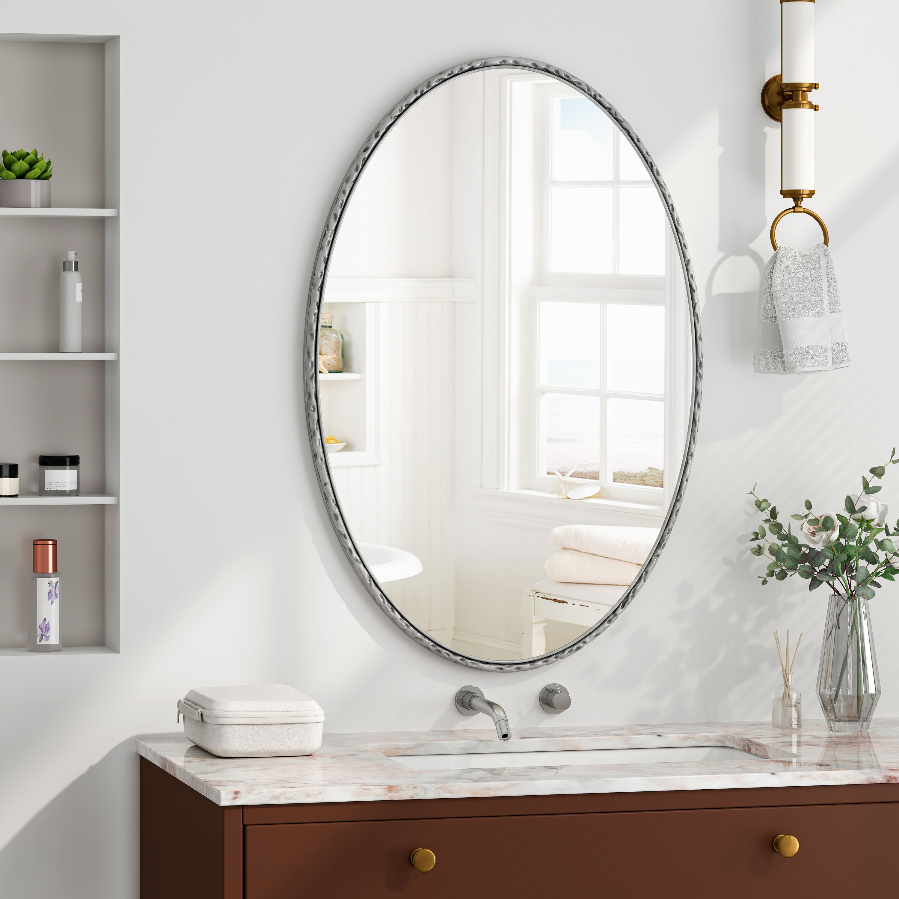 ES-DIY GF2727SQW 25.6-Inches W x 39.37-Inches H Oval Silver Framed Wall Mirror