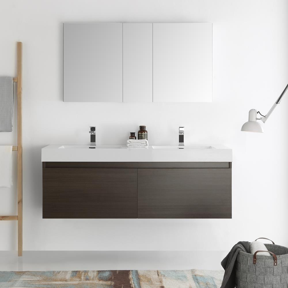Fresca FVN8042GO Mezzo 60-in Gray Oak Double sink Floating Bathroom Vanity with White Acrylic Top