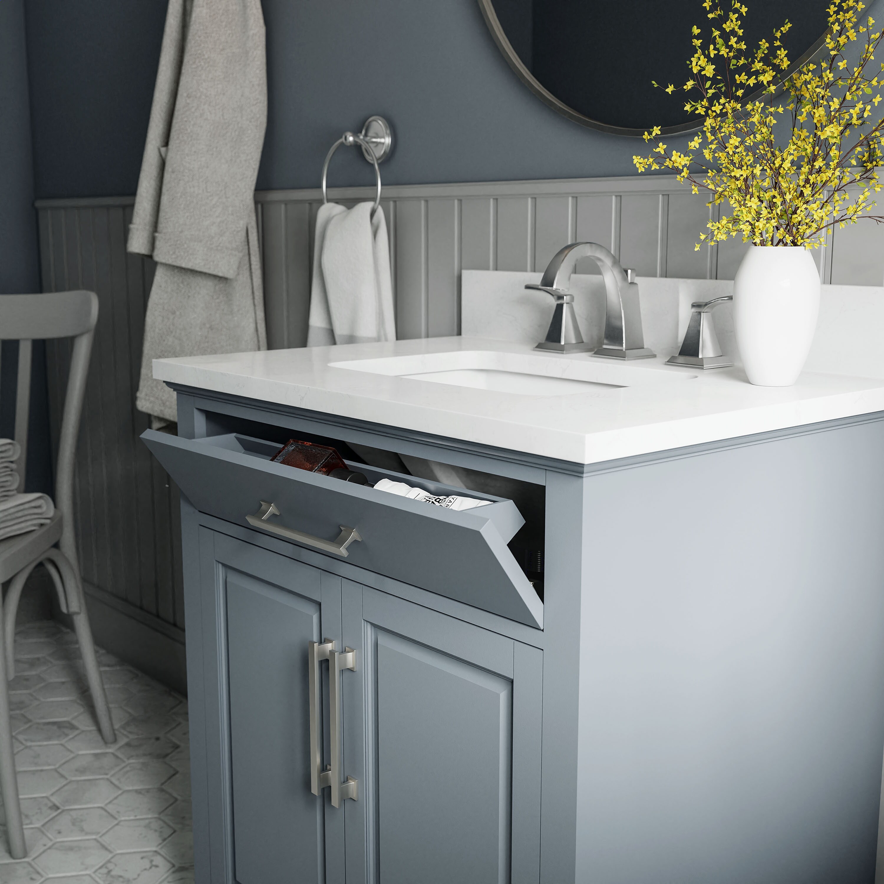 allen + roth Brookview 36-in Slate Blue Undermount Single Sink Bathroom  Vanity with Carrara Engineered Marble Top at