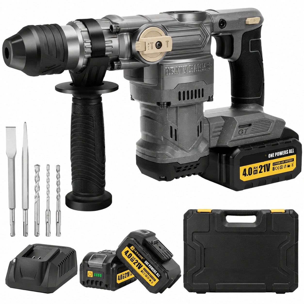 Adrinfly  Cordless Rotary Hammer Drill 21V Brushless Motor with Two 4.0Ah power cells and Three Drill Bits for Concrete Wood and Metal Drilling