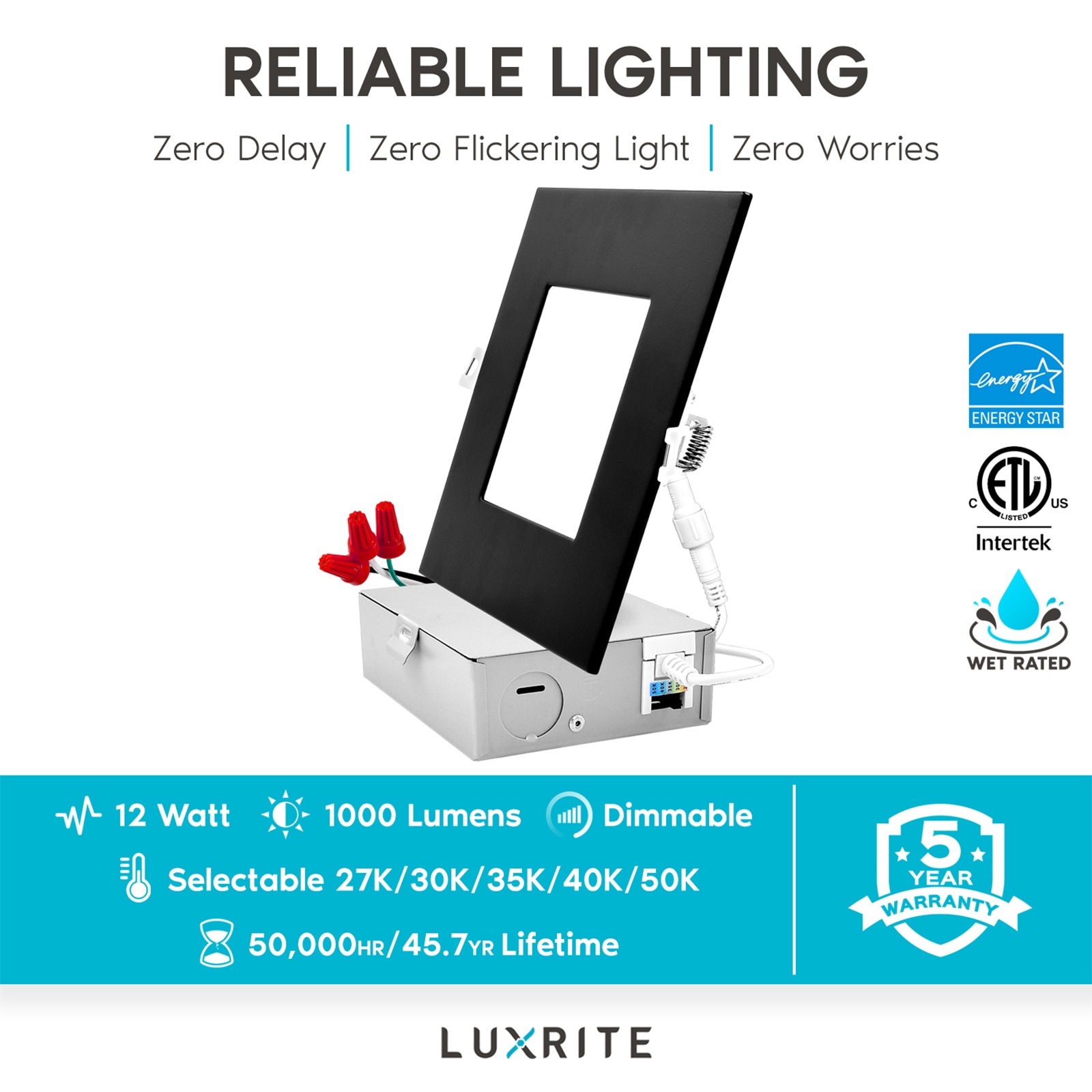 Luxrite Black 6-in 1000-Lumen Switchable White Square Dimmable LED ...