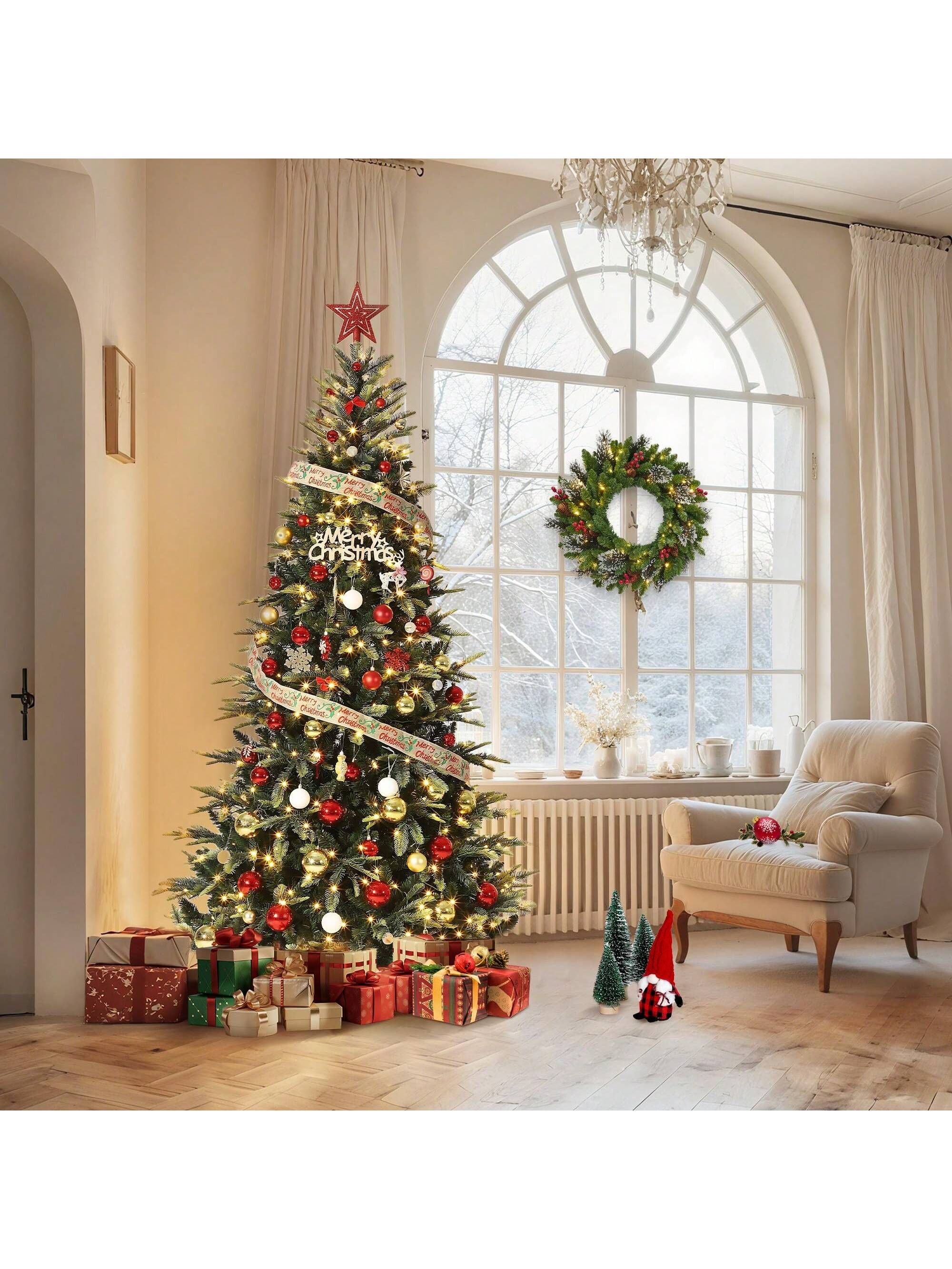 Qeetex DSDS-W6F91695 7.5 FT Prelit Christmas Tree Pencil Christmas Tree with 450 Warm White Lights 8 Modes Automatic Hinged Expansion Foldable Metal Stand PE PVC Xmas Trees for Front Porch Party Office