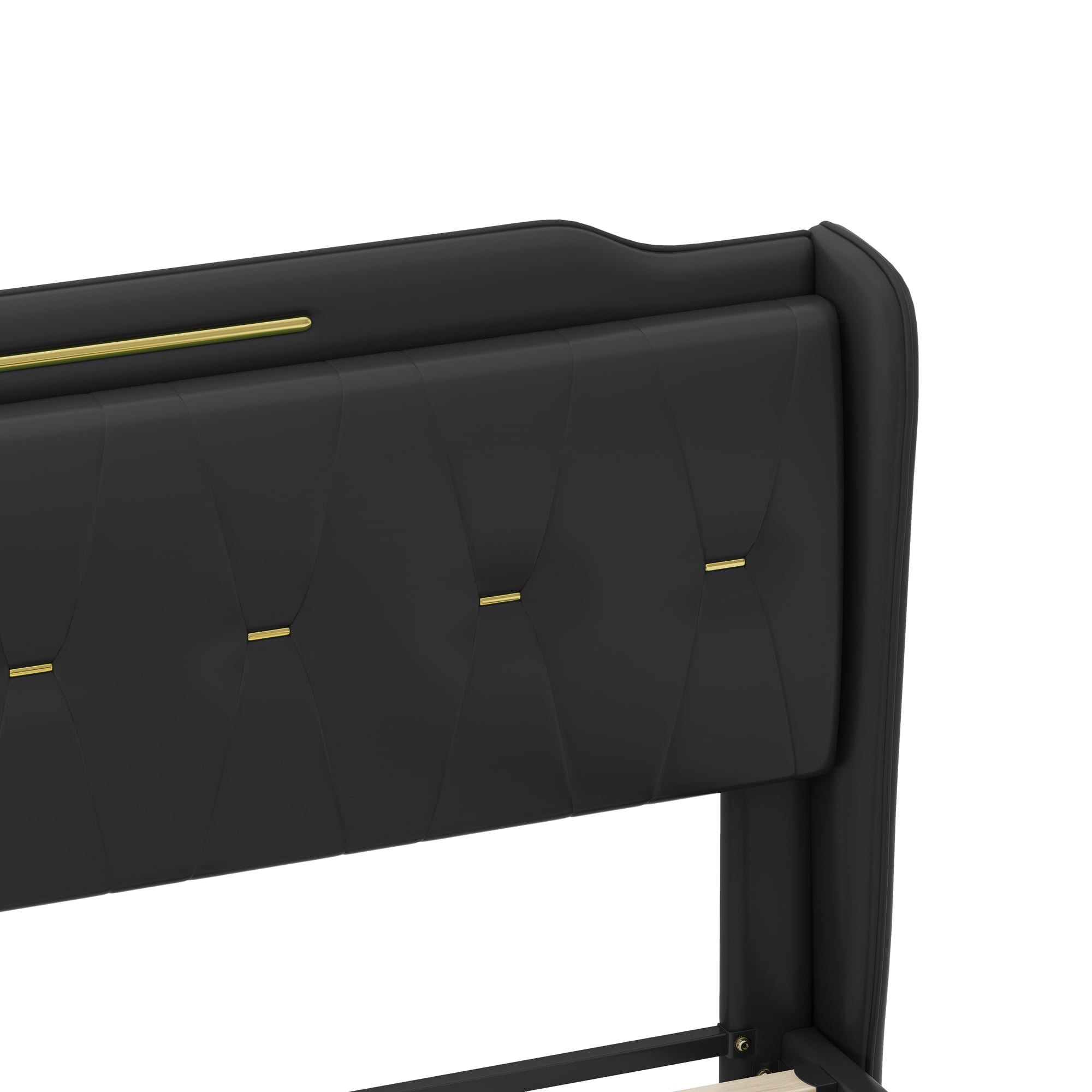 Black Faux Leather Queen Bed with Wingback Headboard and Gold Accents