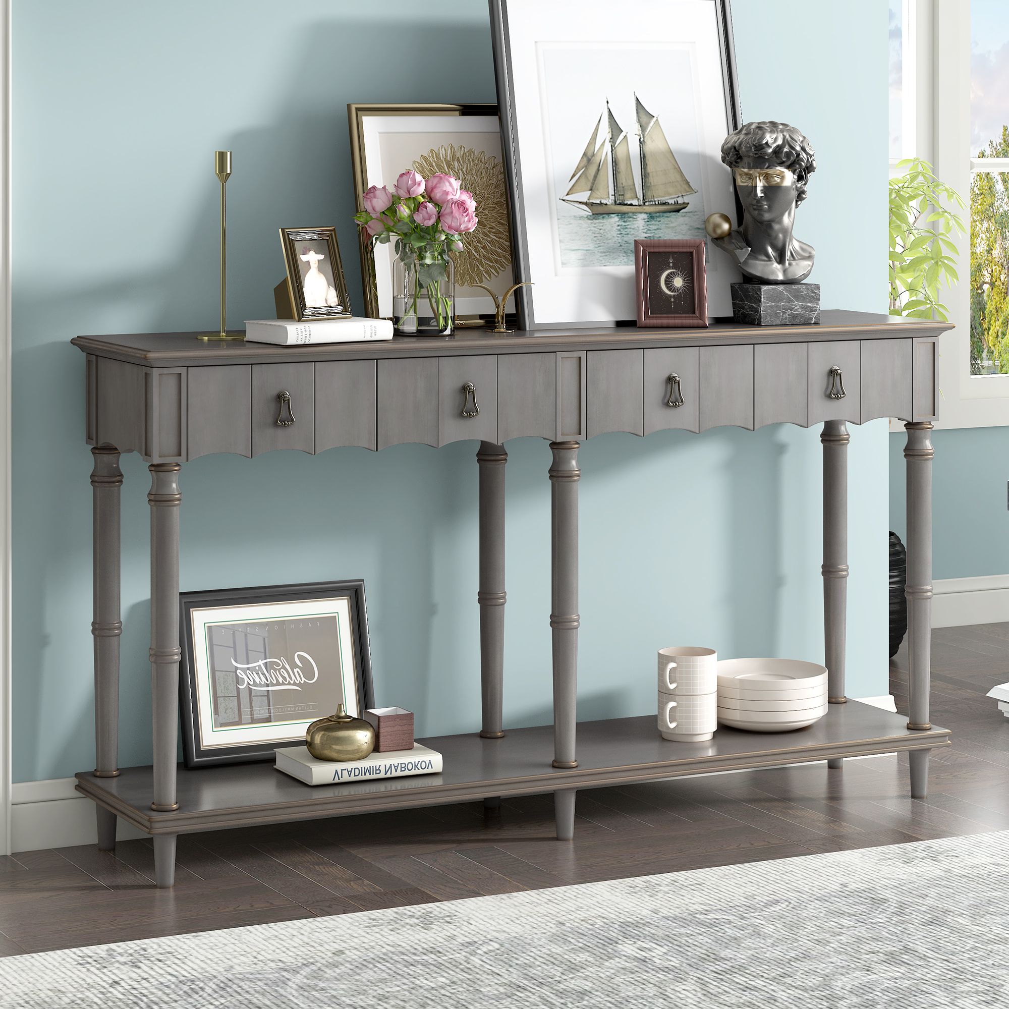 Yiekholo Gray Wood Console Table with 4 Drawers and Bottom Shelf ...