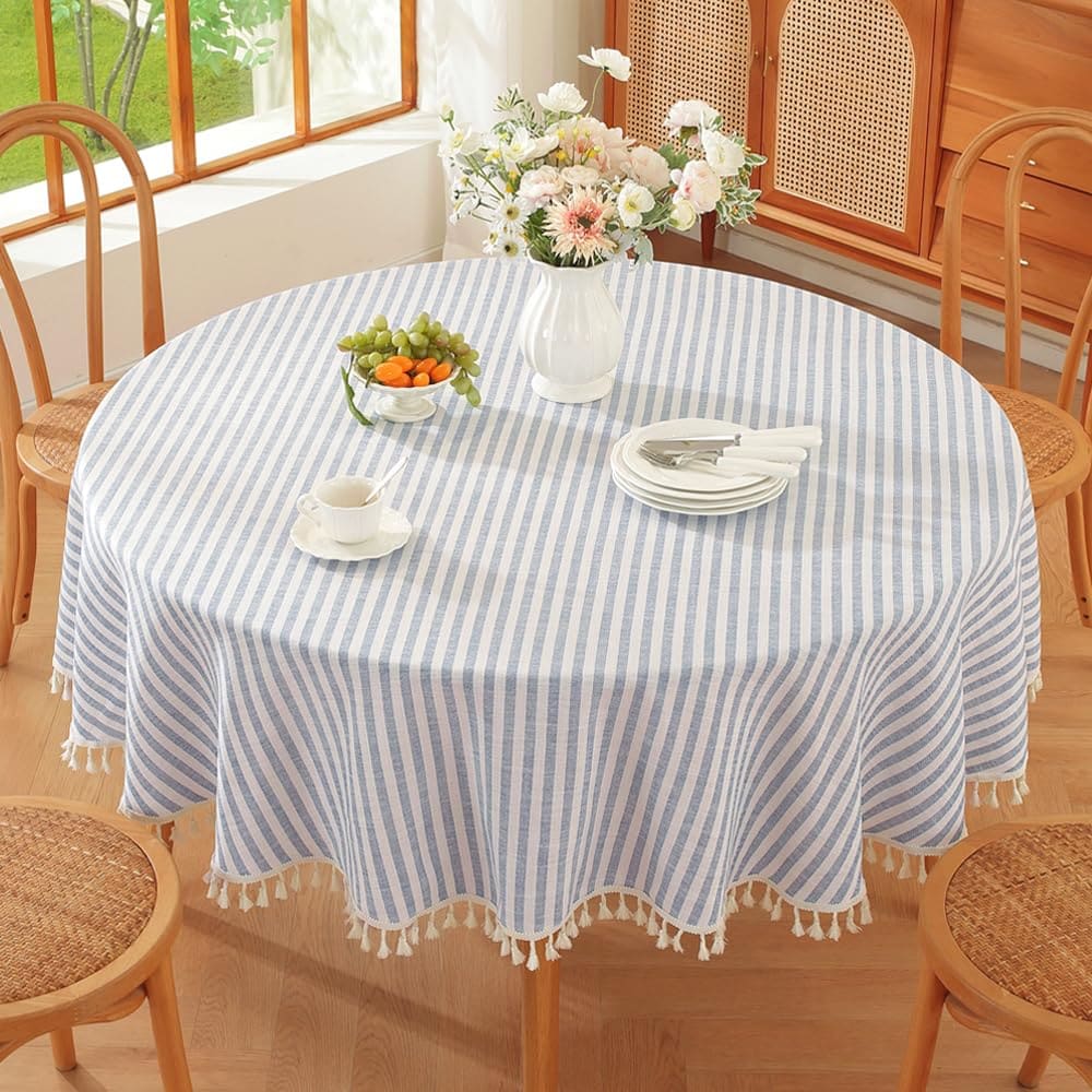 ITOPFOX  60 Inch Round Tablecloth Blue and White Striped Fabric Tablecloth for Round Tables Outdoor and Indoor Use durable home and garden