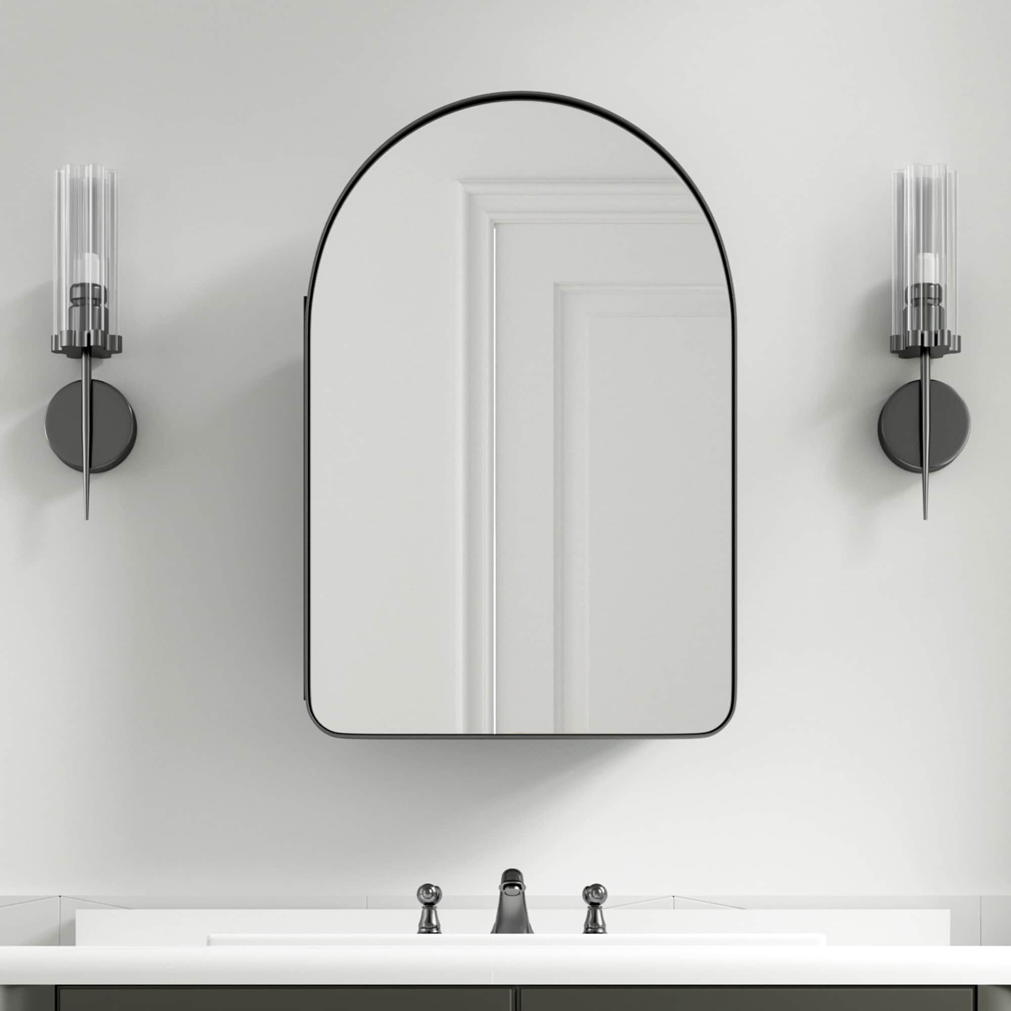 Misty Moon 24-in H x 16-in W Black Metal Framed Right Angle Arch Mirror Cabinet Wall Mounted Storage Vanity Mirror Medicine Cabinet for Bathroom
