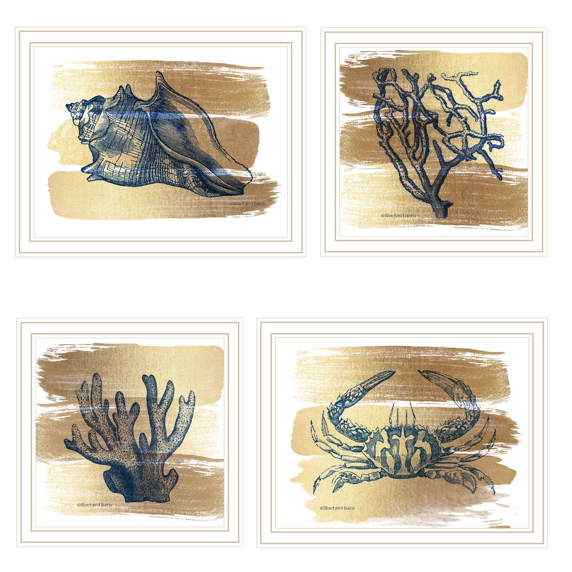 HyperDrop Cart White Frame Wood 4 Piece Gold Sea Collection Framed Wall Art Print Set Premium Coating Living Room Bedroom Office