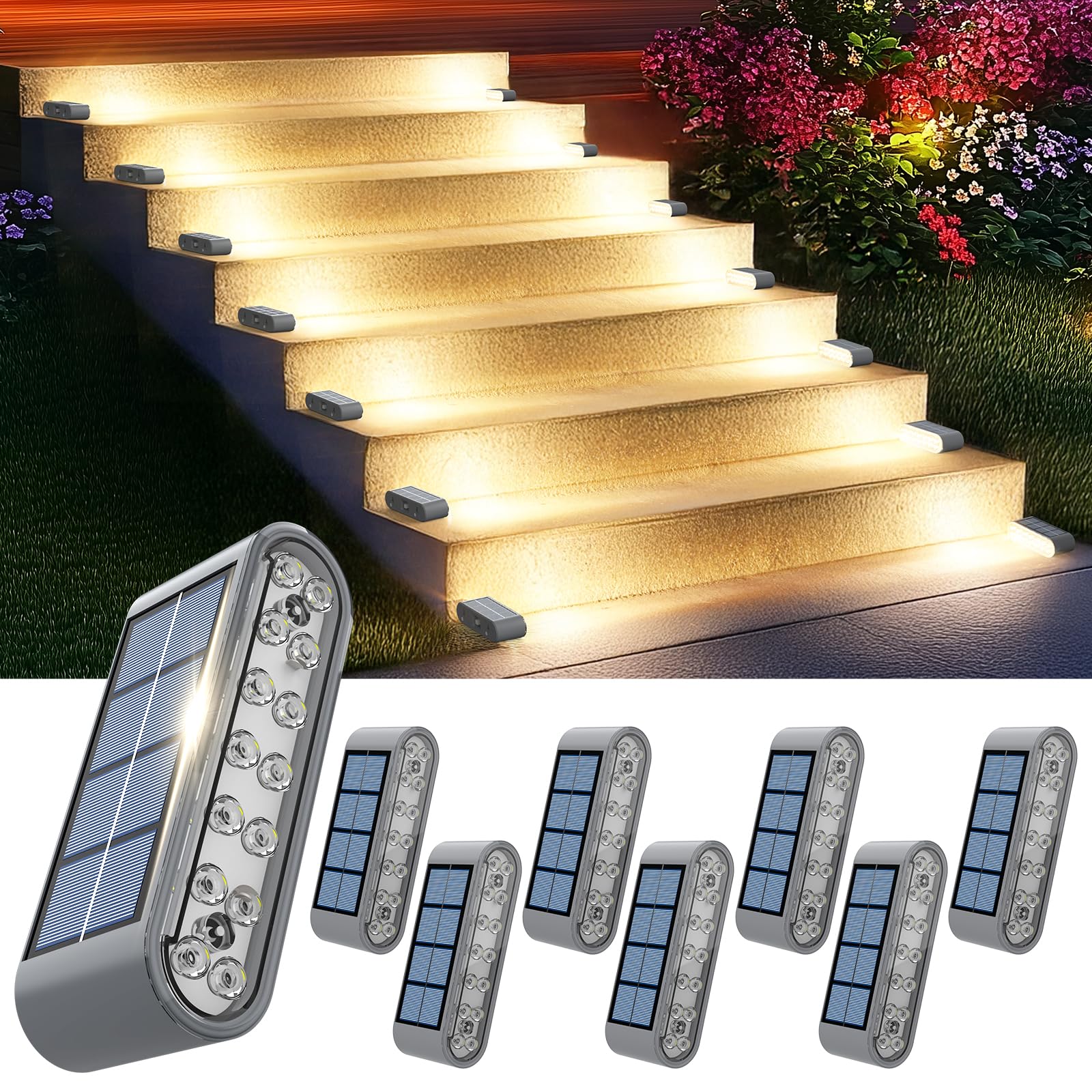 Vrbgify  8 Pack Solar Step Lights Outdoor IP67 Waterproof 14 LED Warm White for Stairs Deck Patio Walkway Front Porch 4.45 x 1.71 Inches