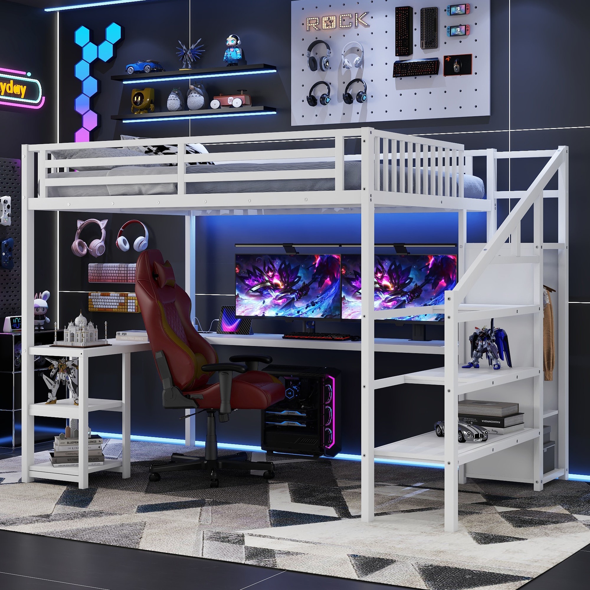LUXEYARD Metal Queen Loft Bed with Wardrobe and LED Light Queen Size ...