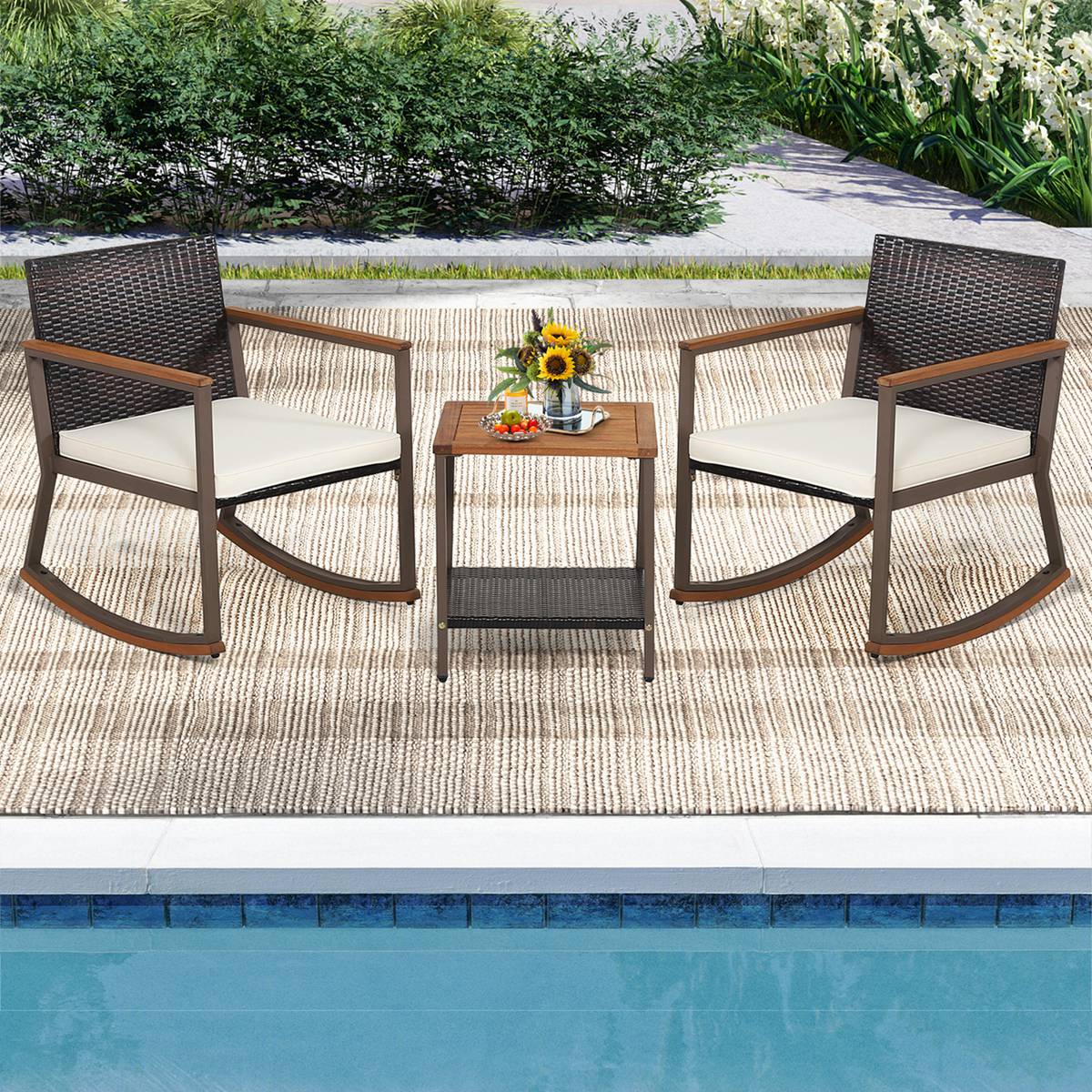 Costway HW70901WH 3PCS Patio Rattan Rocking Chair Bistro Set Armrest Cushion Table with Storage Shelf Off White