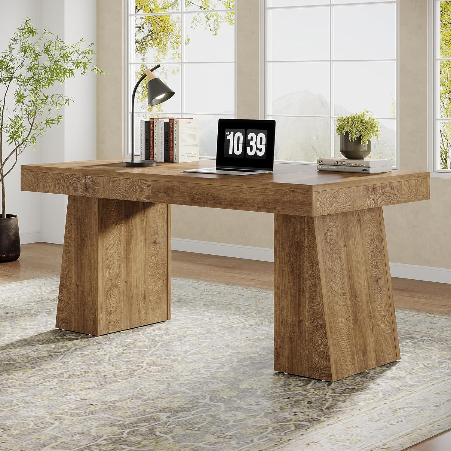 Tribesigns 55.1 inch W Light Brown Computer Desk Writing Table with Thick Tabletop and Double Trapezoidal Legs