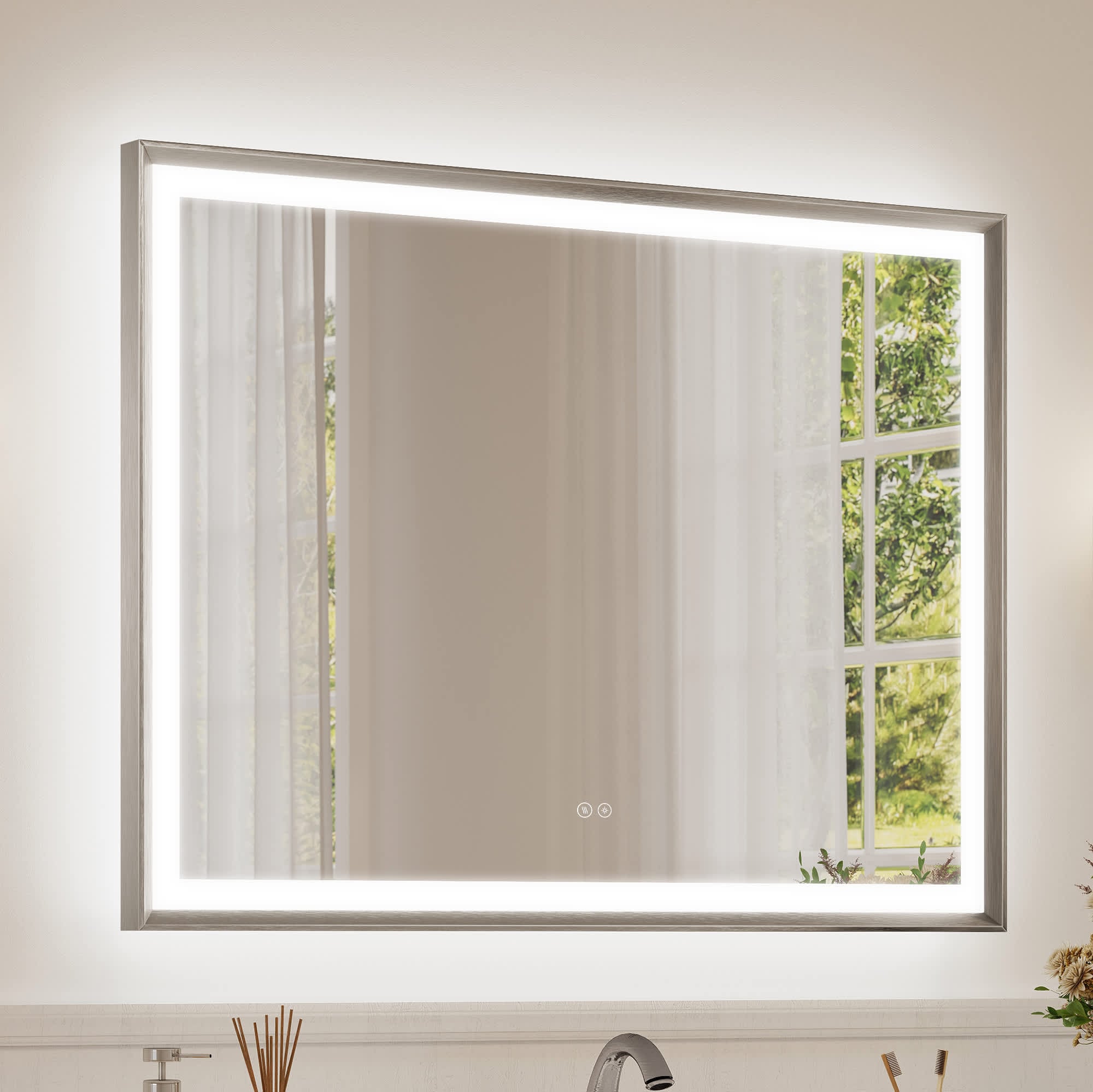 Aok Garden 30 in x 40 in Modern Aluminum Framed LED Bathroom Mirror with Double Beveled Edge Tempered Glass and Anti Rust in Brushed Nickel Wall Mounted Decorative Mirror
