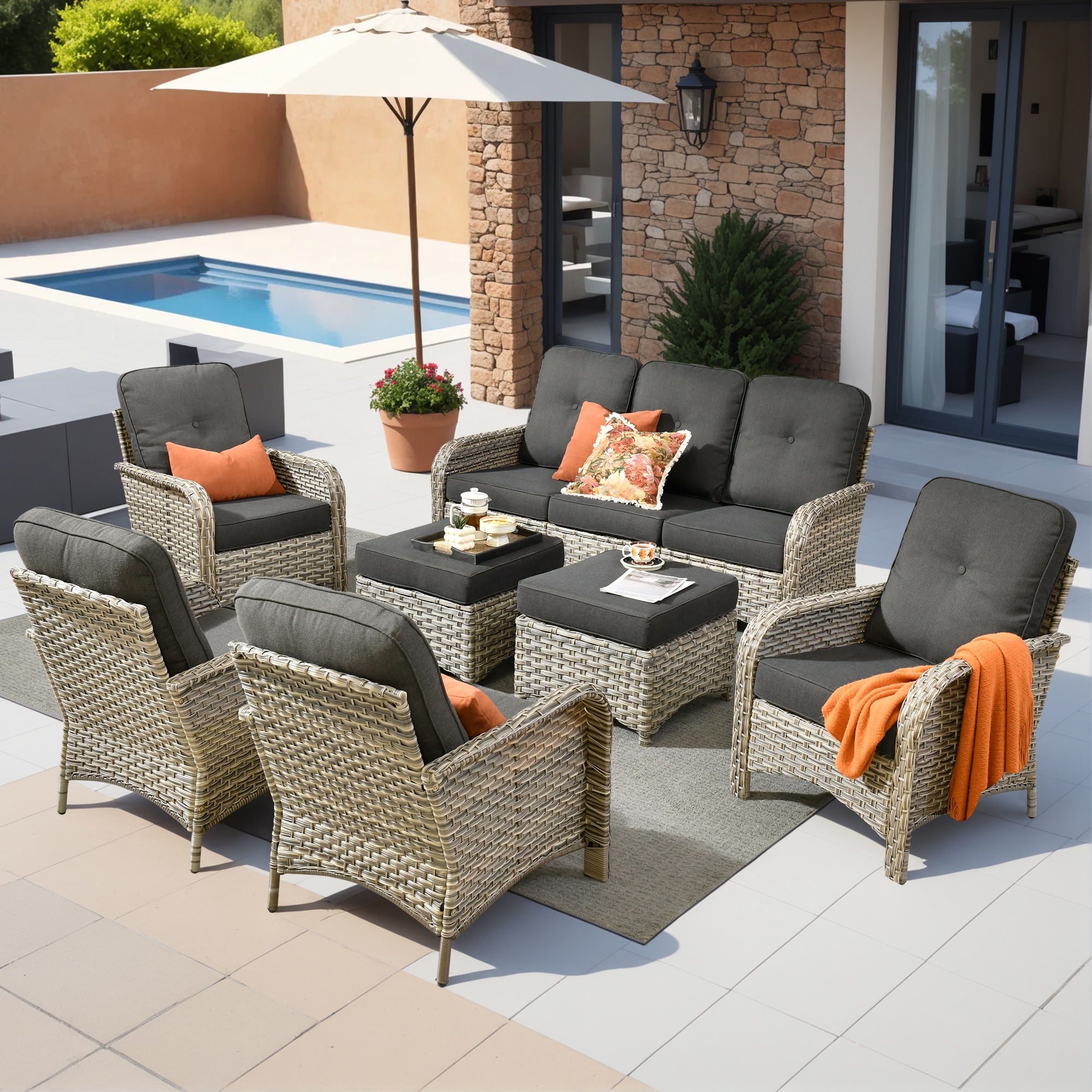 XIZZI XIVNC1073 Scorpio 7 -Piece Rattan Patio Sofa Conversation Set with Black Cushions