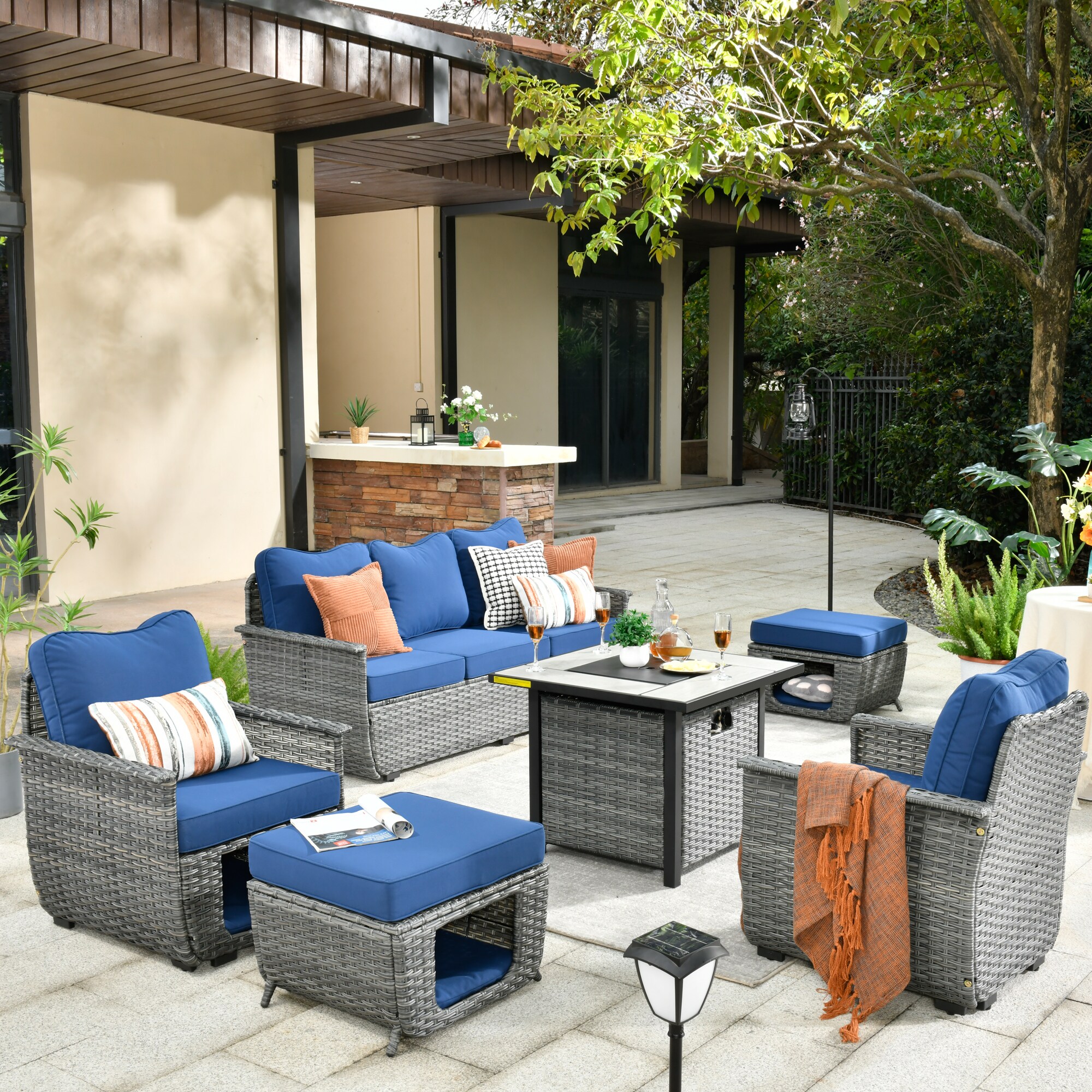 Pouuin SPET7006 6 -Piece Rattan Patio Sofa Conversation Set with Blue Cushions