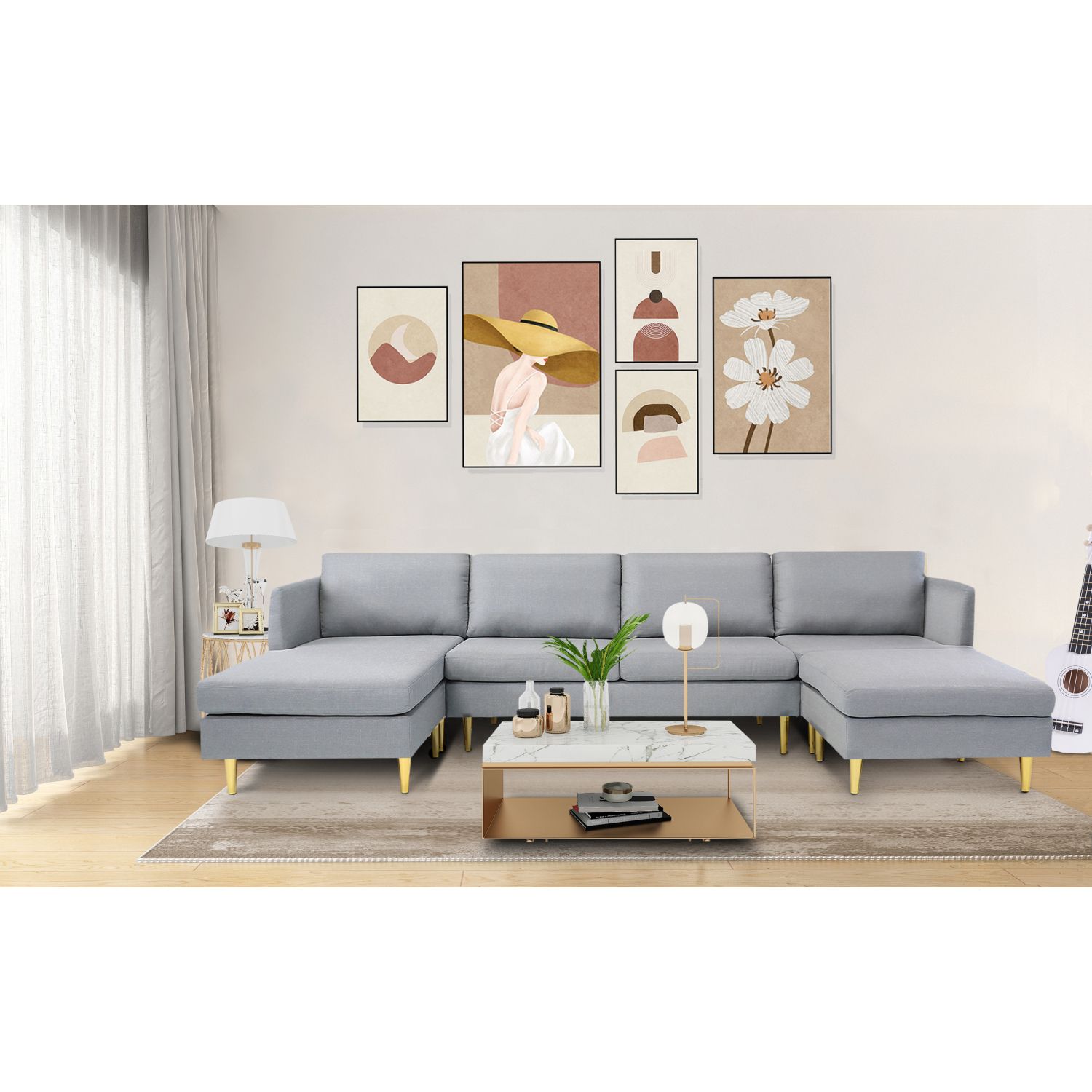 JASMODER W223S01390 Modern Convertible Sectional Sofa Light Grey Polyester