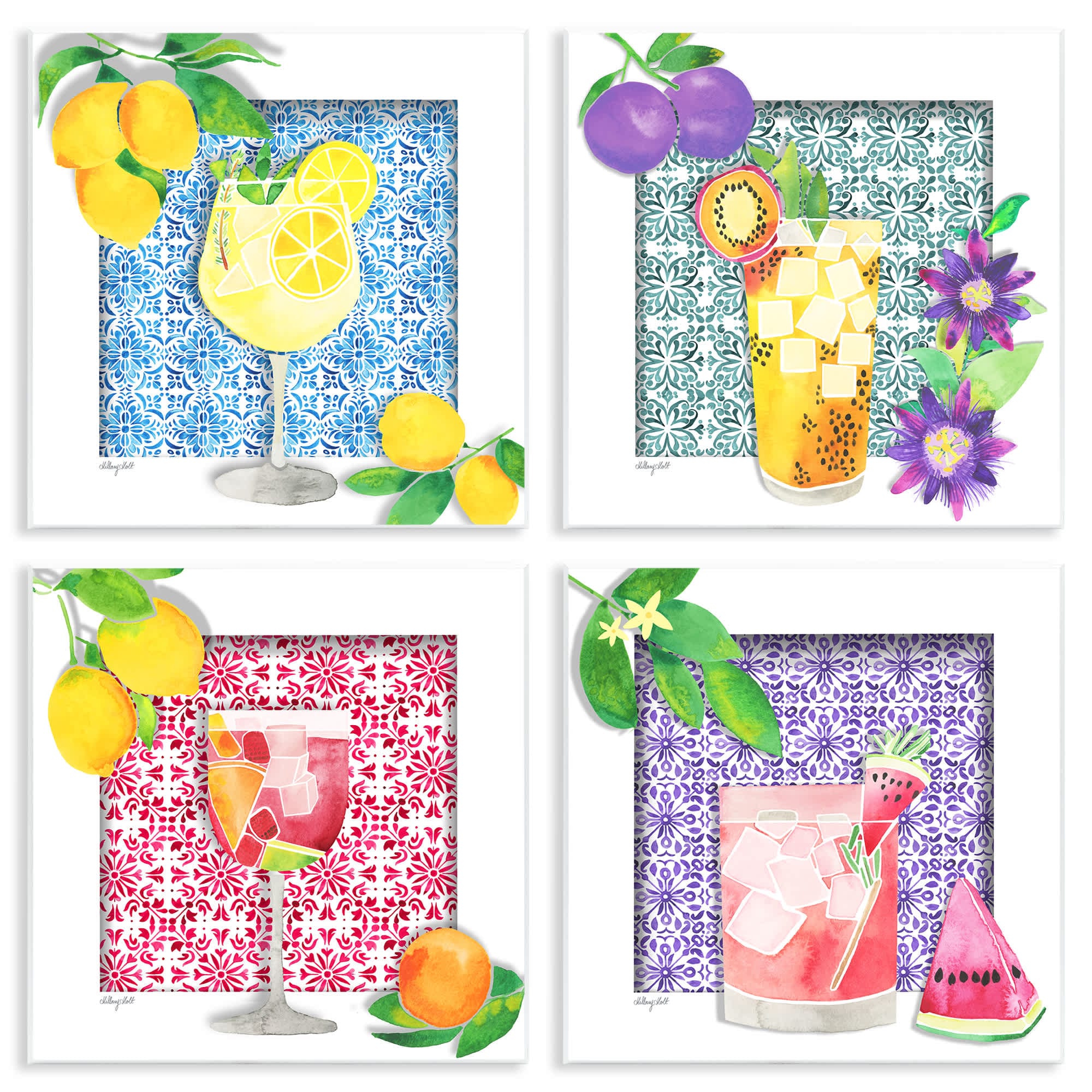 Stupell Industries A4-300-WD-4PC-12X12 Bright Patterned Fruit Cocktails 4pc Wall Plaque Set Design by Hillary Holt